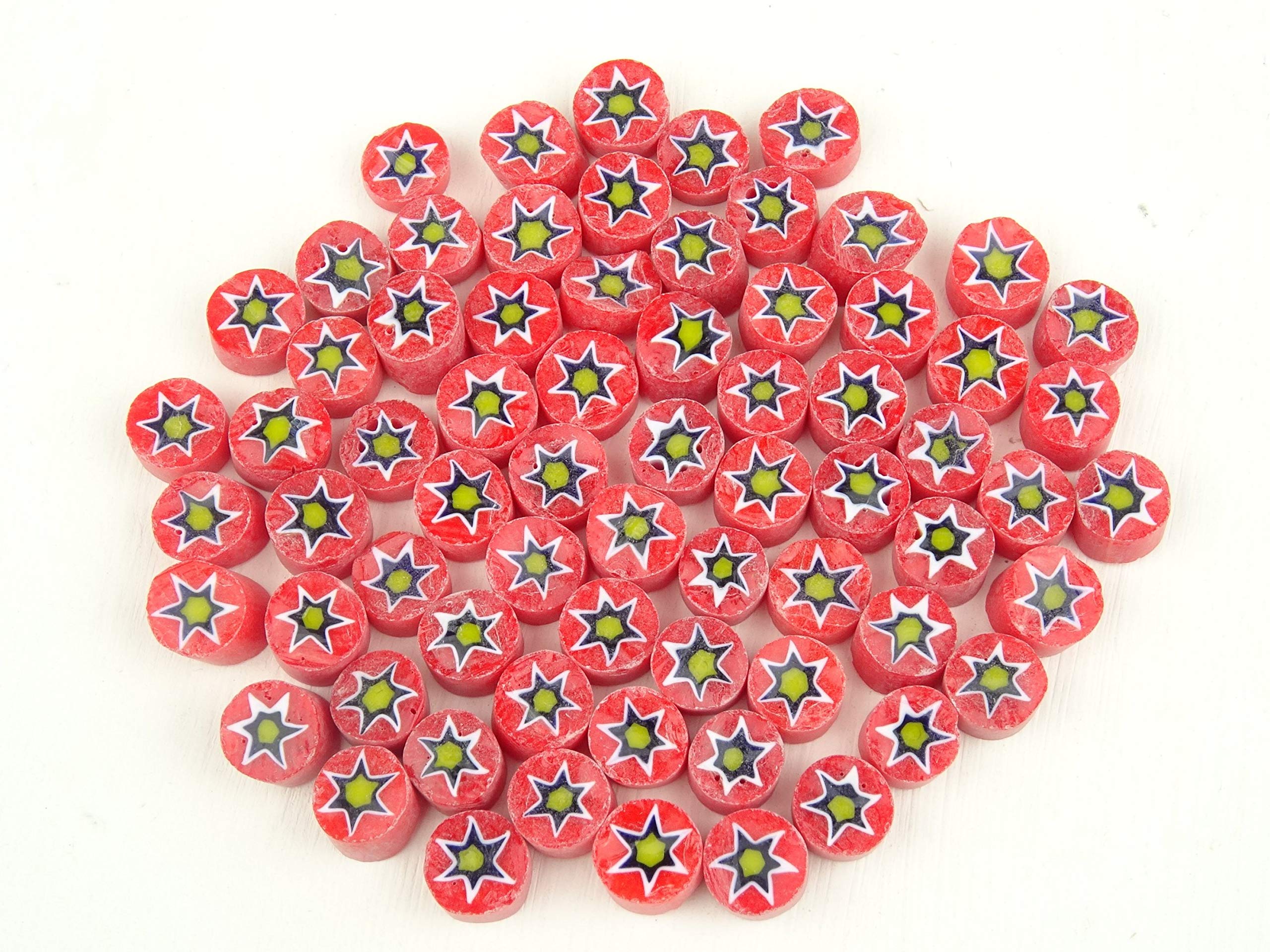 25g Millefiori Red with Yellow Stars 8mm Approx 65 Pieces