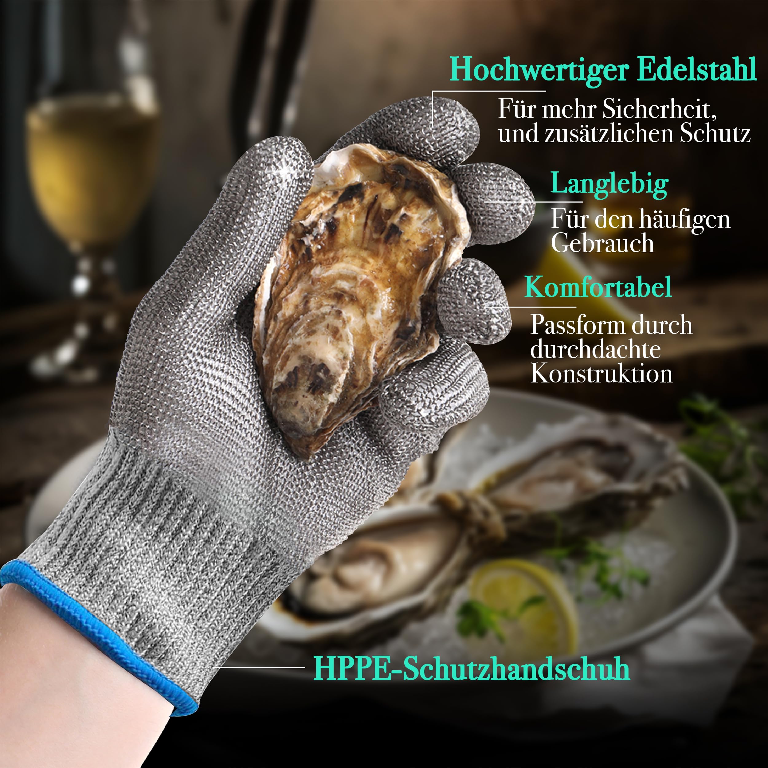 Ten® Geschenkset Austernmesser Schwarz mit RVS Austernhandschuh & Holz Austernhalter + 124 Austernrezepte - Geschenkverpackung
