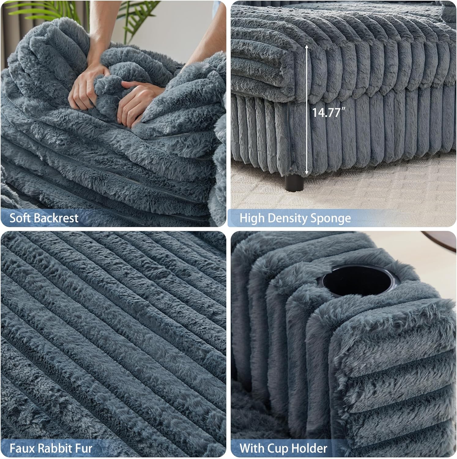 58'' Plush Faux Rabbit Fur Chaise Loveseat with Charging Station & Cup Holder and Pillows, Upholstered Corduroy Chaise Loveseat Sofa Recliner Longue Indoor Couch for Living Room, Bedroom, BLue Grey