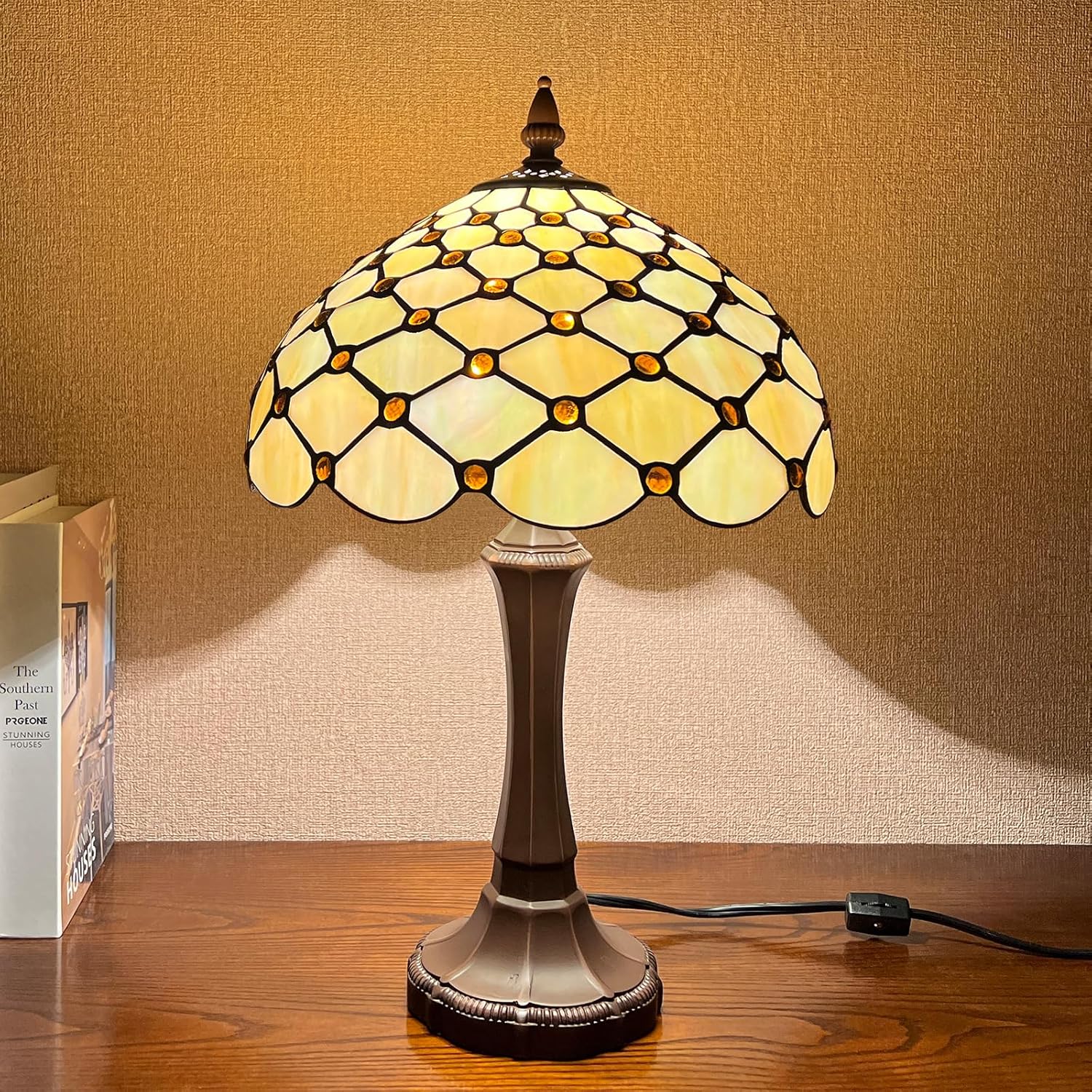 Capulina Tiffany Lamp Stained Glass Table Lamp 12x12x19 Inches Amber Beads Color Tiffany Style Desk Reading Lamp Decor for Home Office Bedroom Living Room