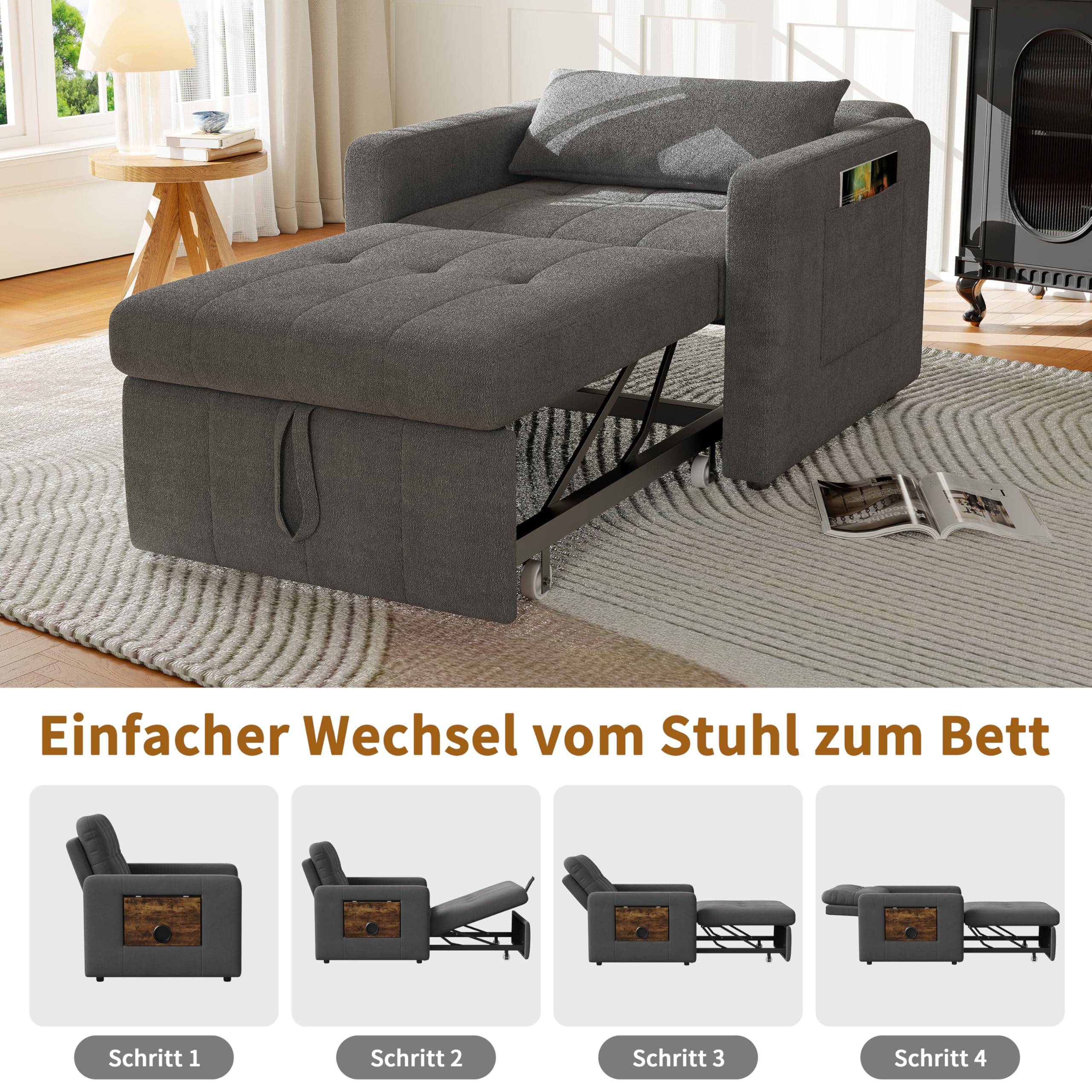 Schlafsessel 3 in 1,schlafsessel mit bettfunktion Ausziehbares Schlafsofa Schlaferstuhl mit Verstellbarer Rückenlehne Sessel mit Schlaffunktion GäStebett Klappbar mit Seitentasche (Grau)