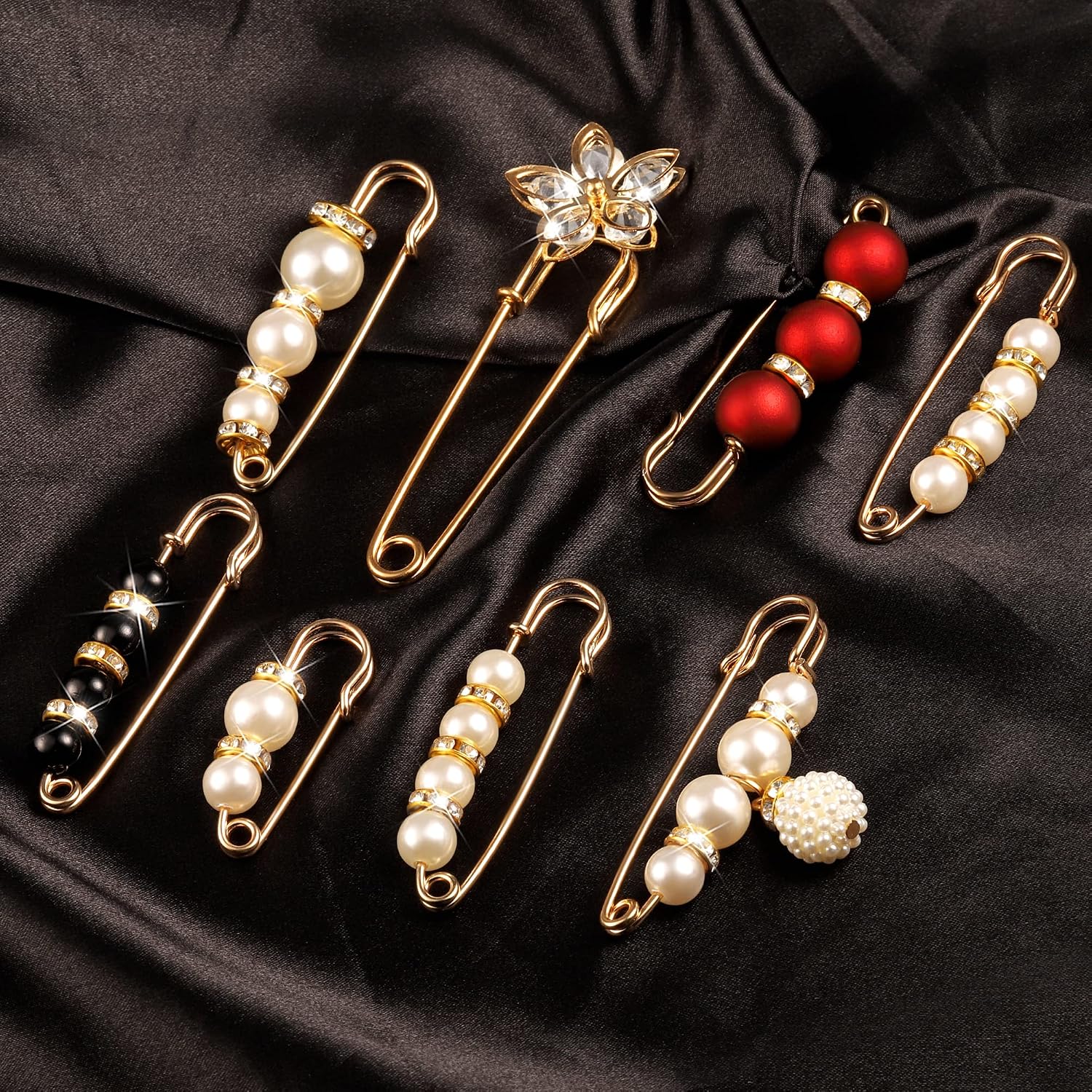 8 Pcs Fashion Pearl Brooch Set, Handmade Faux Pearl Brooches,Sweater Shawl Dress Clip,Waist Pants Extender Safety Pin for Women image 2