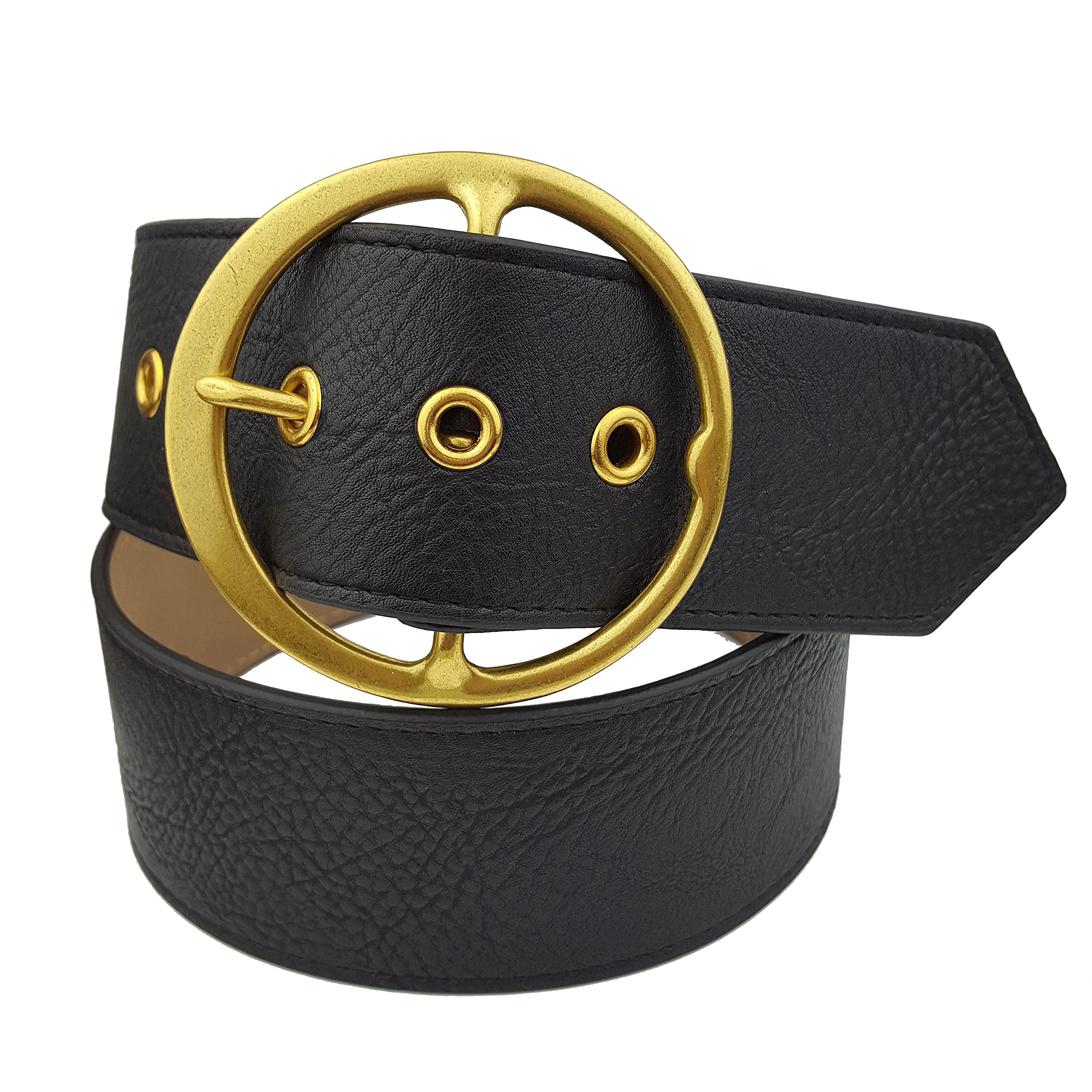 Axesoria Signature Statement Round Buckle Belt (S/M, Black(Gold Buckle))