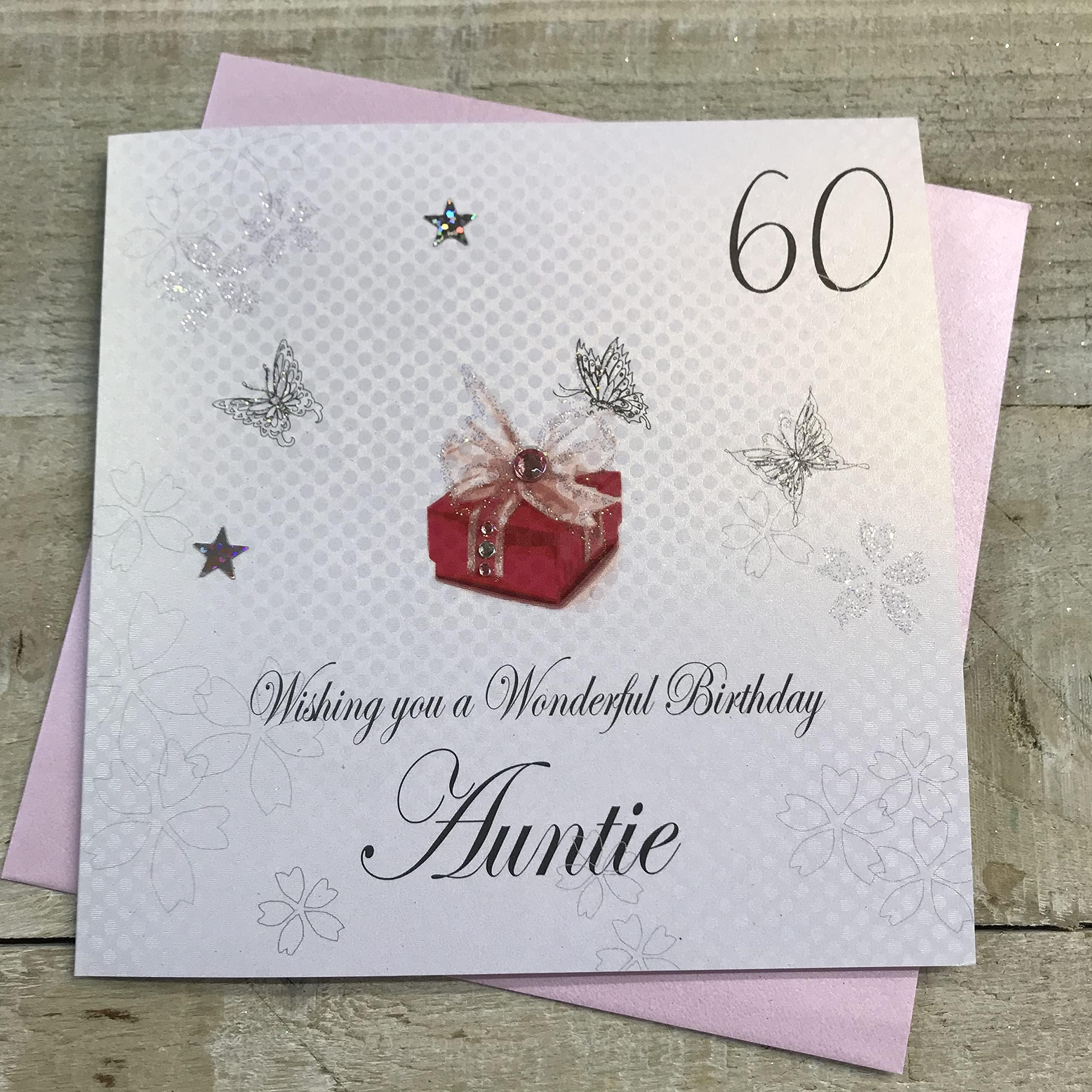 WHITE COTTON CARDS Red Present, Wishing you a Wonderful Auntie Handmade 60th Birthday Card, White, bdp60-a