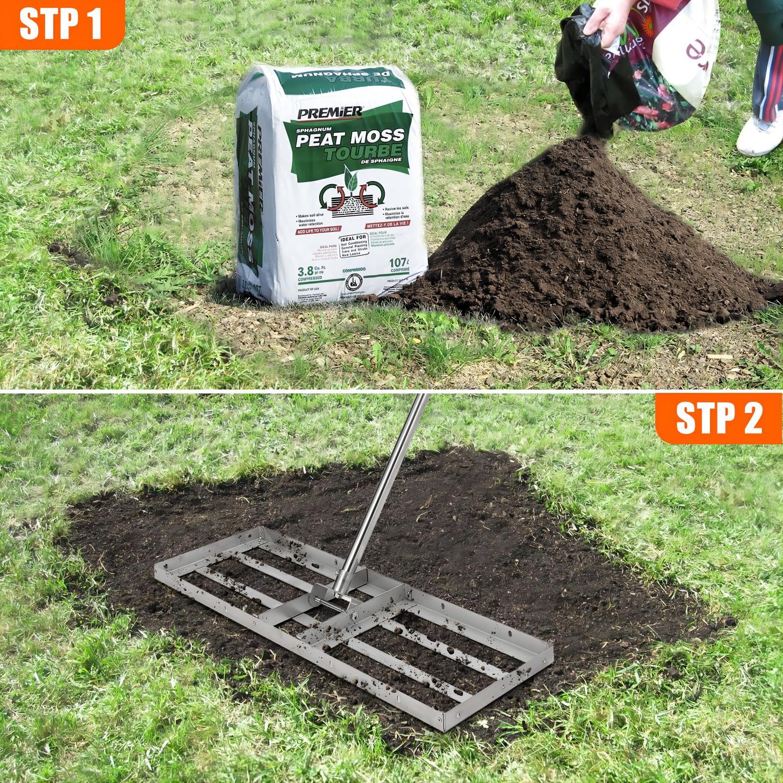 Rastrello livellatore per prato da 6 piedi, rastrello da giardino da 30"x10", rastrelli da giardino in acciaio inossidabile con manico lungo girevole flessibile a 180°, facile da montare, rastrello