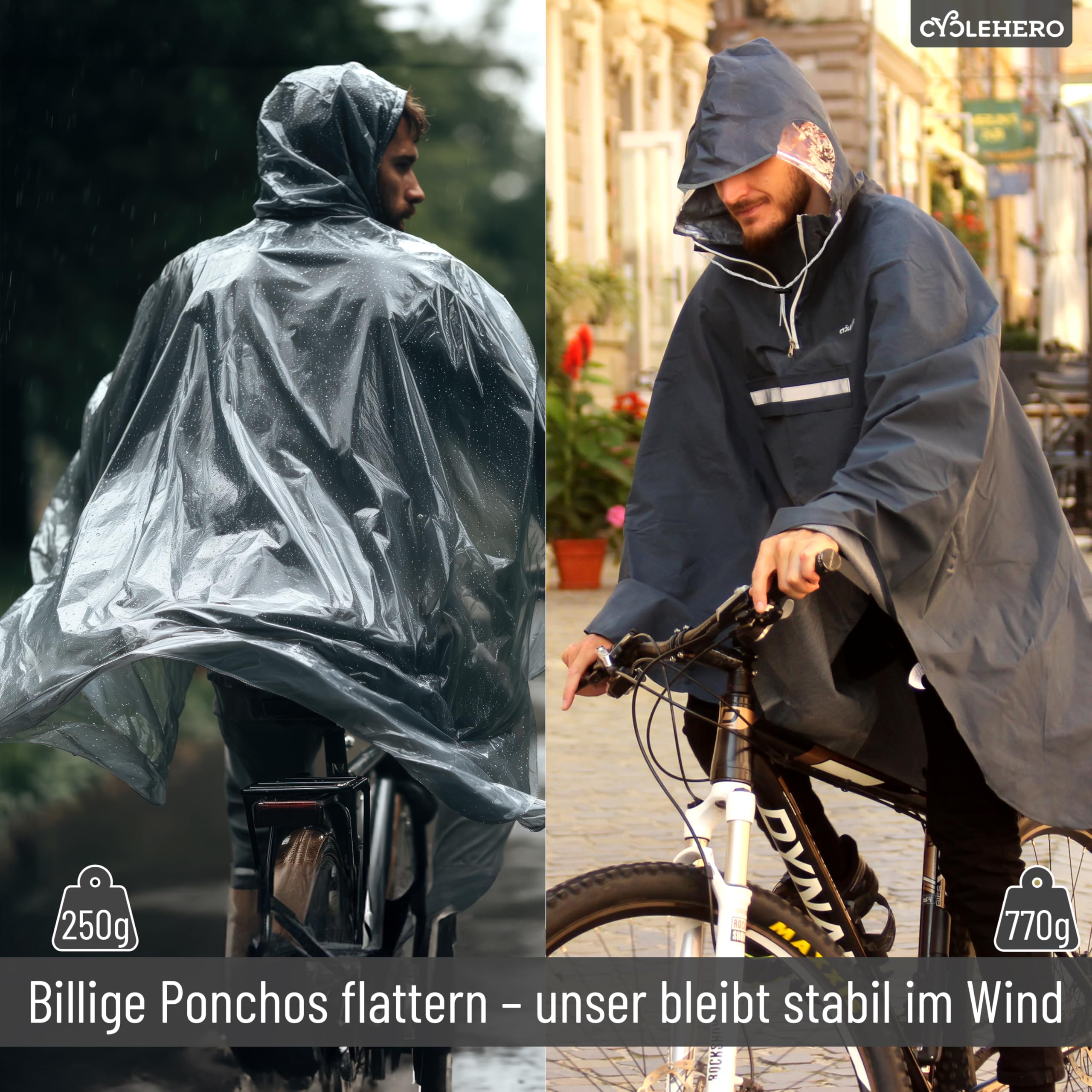 Regenponcho Fahrrad extra wasserdicht und robust - TEST SEHR GUT - Premium Regencape Fahrrad mit Reflektoren, Sichtfenster - Regenbekleidung als Regenponcho Herren und Damen - Regenjacke