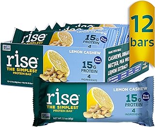 Rise Pea Protein Bar - Vegan Lemon Cashew, Soy Free, Paleo Breakfast & Snack Bar, 15g Protein, 4 Natural Whole Food Ingredients, Simplest Non-GMO, Vegan, Gluten Free, Plant Based Protein, 12 Pack