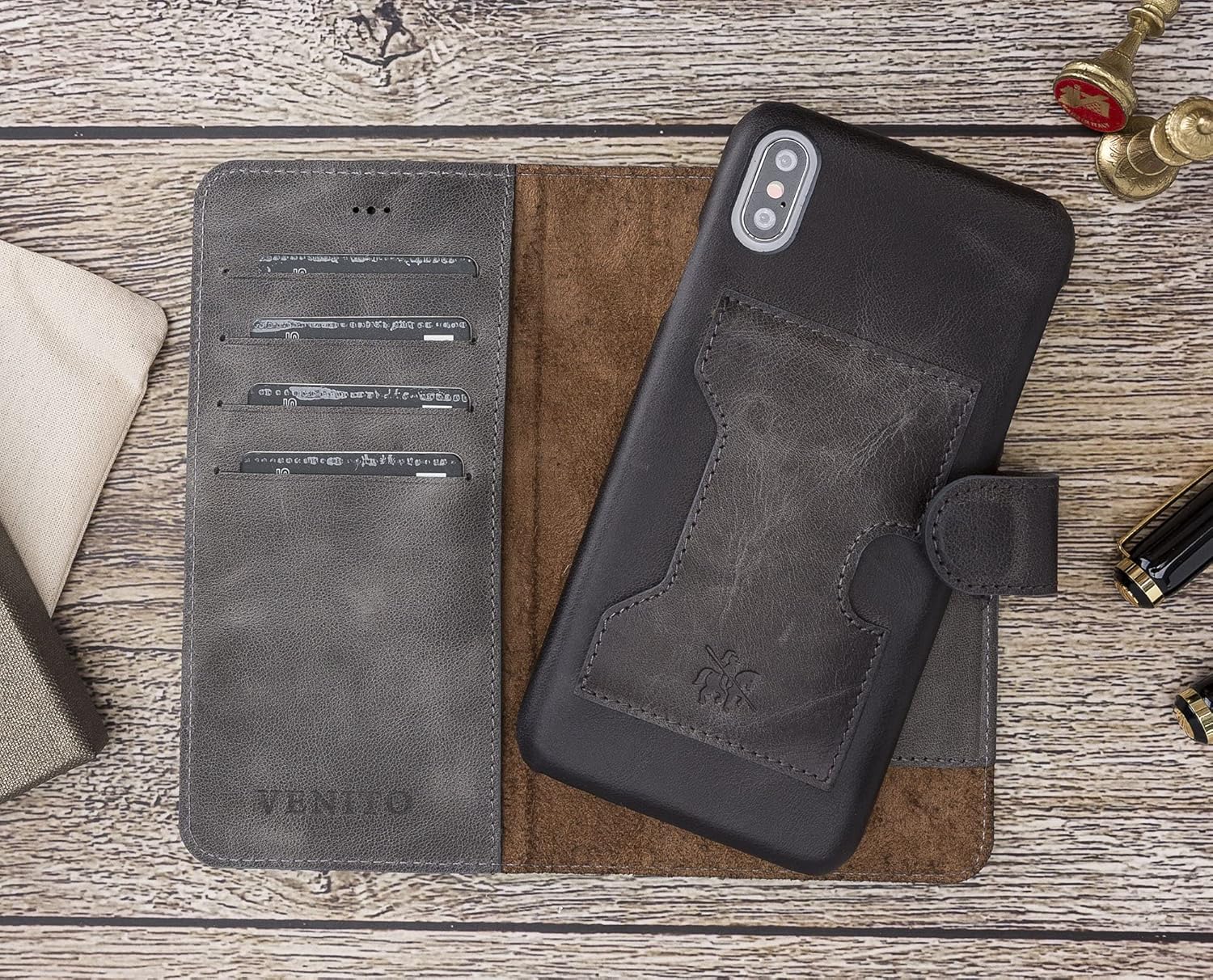 Venito Florence Leather Wallet Phone Case Compatible with iPhone Xs Max - Extra Secure with RFID Blocking - Detachable Phone Wallet (Ashy Gray)