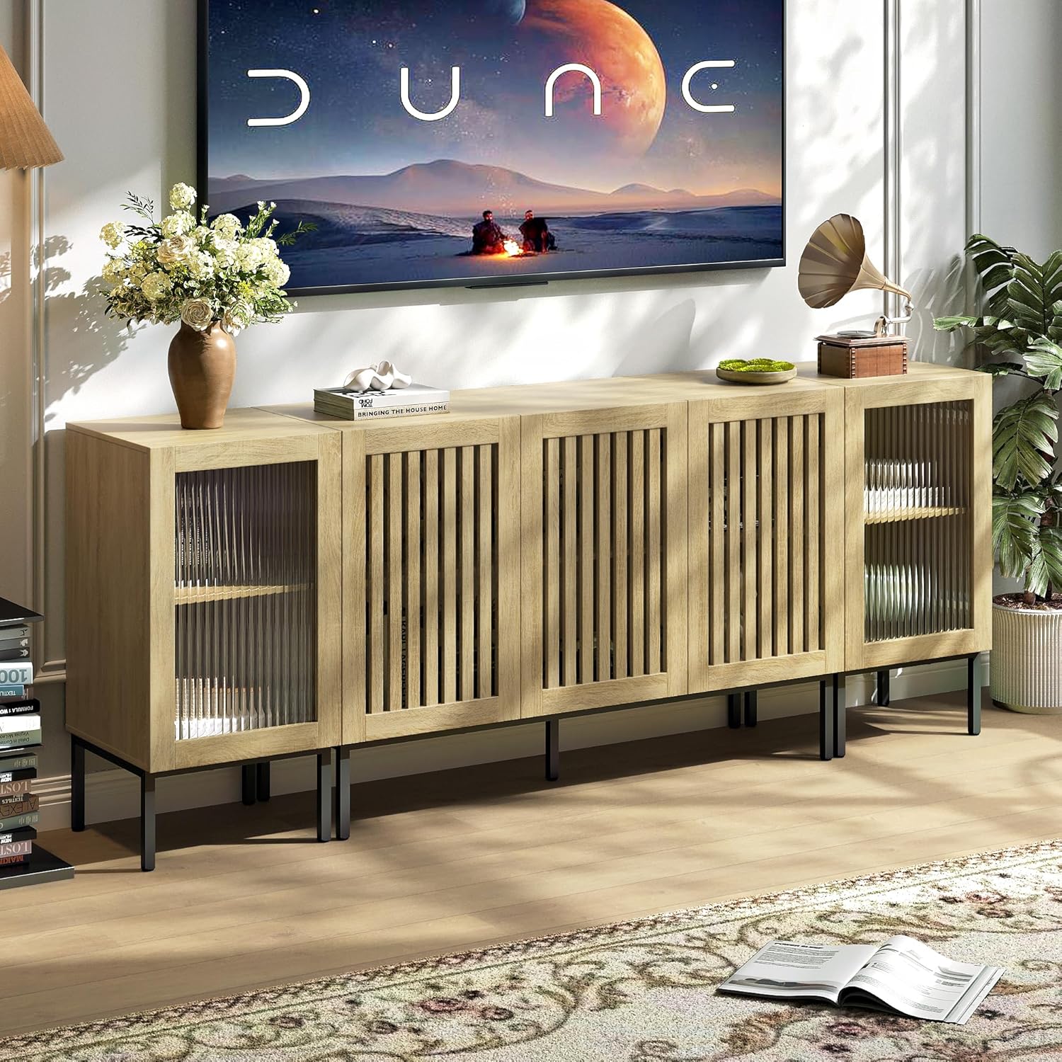 BVIUNTWO Farmhouse TV Stand for TVs up to 100 Inch, Entertainment Center TV Console with Storage Cabinets and Glass Doors,Media Console for Living Room,Brown