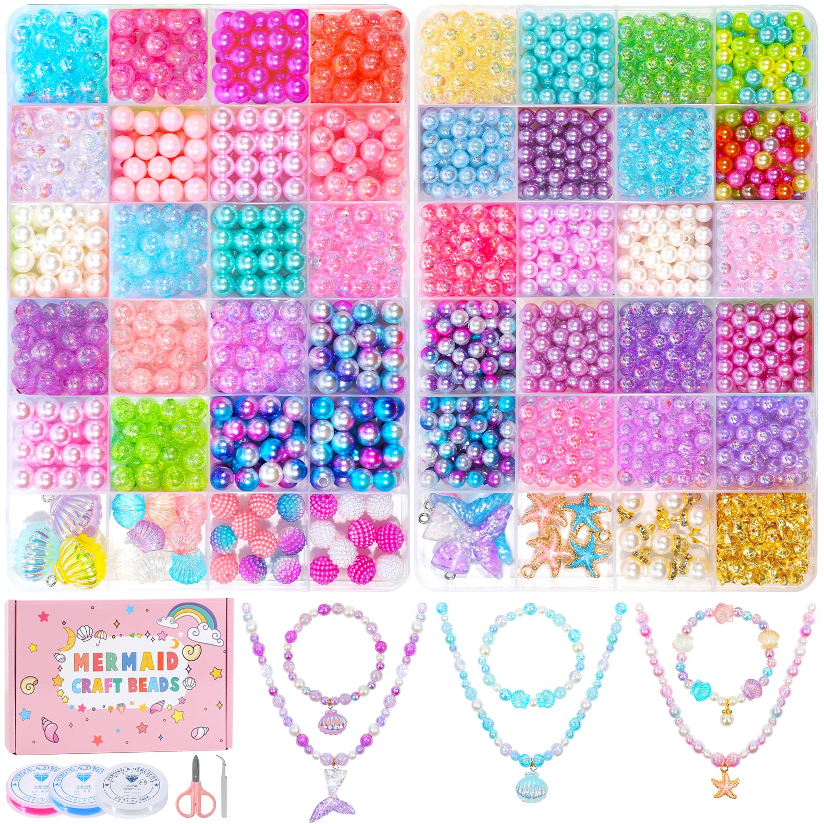 Acerich 1400 Pcs Mermaid Beads Bracelet Making Kit, Charm DIY Mermaid Beads for Jewelry Making with Ocean Shell, Friendship Bracelet Kit for Girls with Starfish Shell