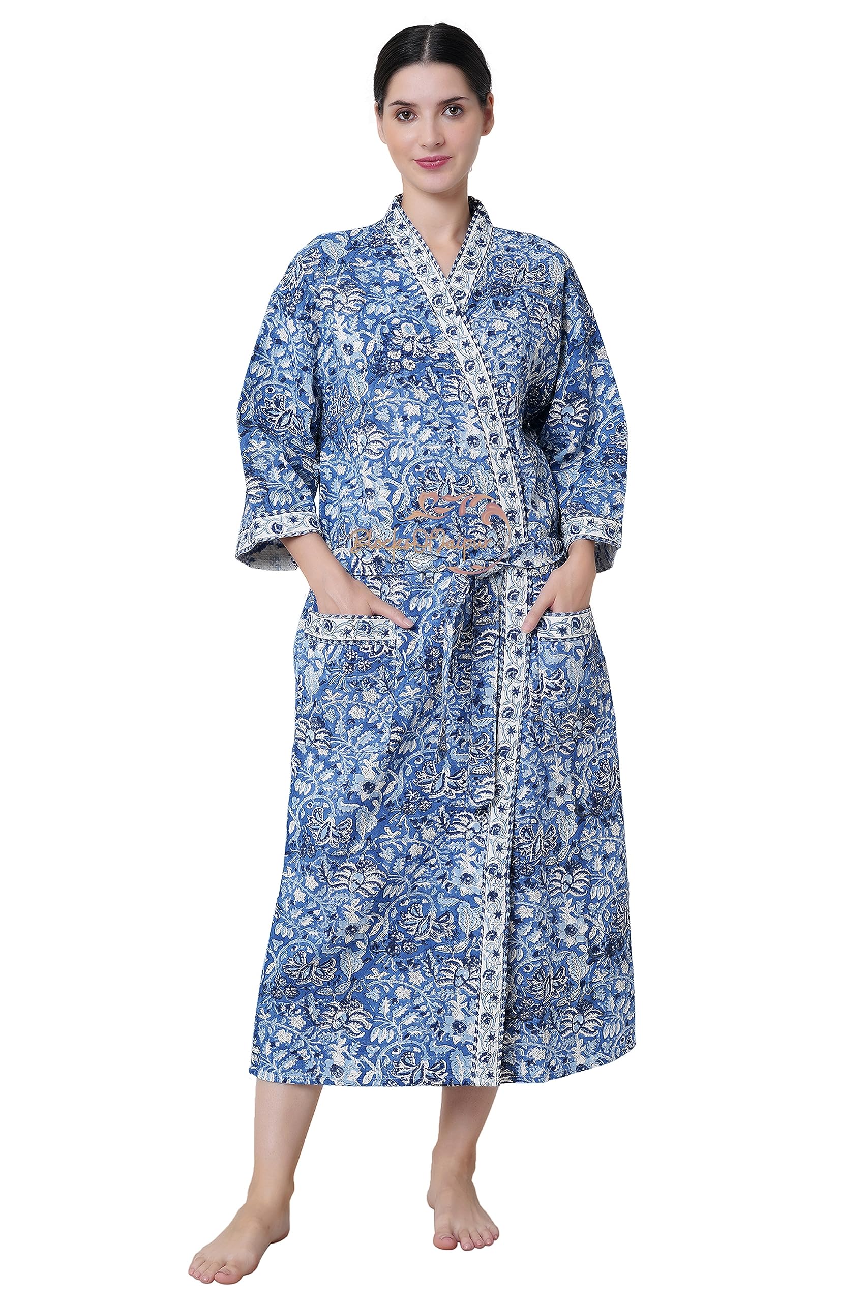 BRULD Premium Cotton Waffle Fabric Women Bathrobe Hand Block Print, Jaipuri Cotton Long Bathrobe, Natural Cotton Unisex Waffle Robe, Lightweight GYM SPA Robe, Bridesmaid Kimono Robe (Blue)