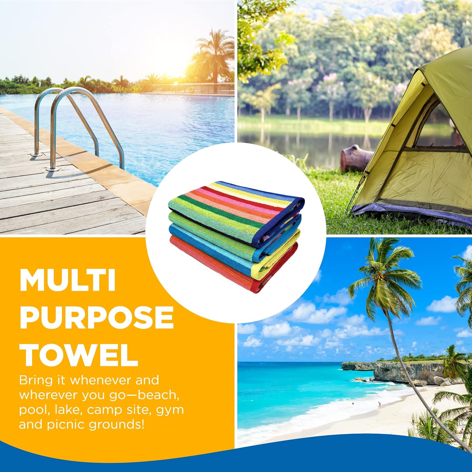 Ben Kaufman Colored Classic Multi-Color Stripe Beach & Pool Towel - Large Cotton Towel - Soft & Absorbant - Assorted Colors - 30" x 60" - 4 Pack