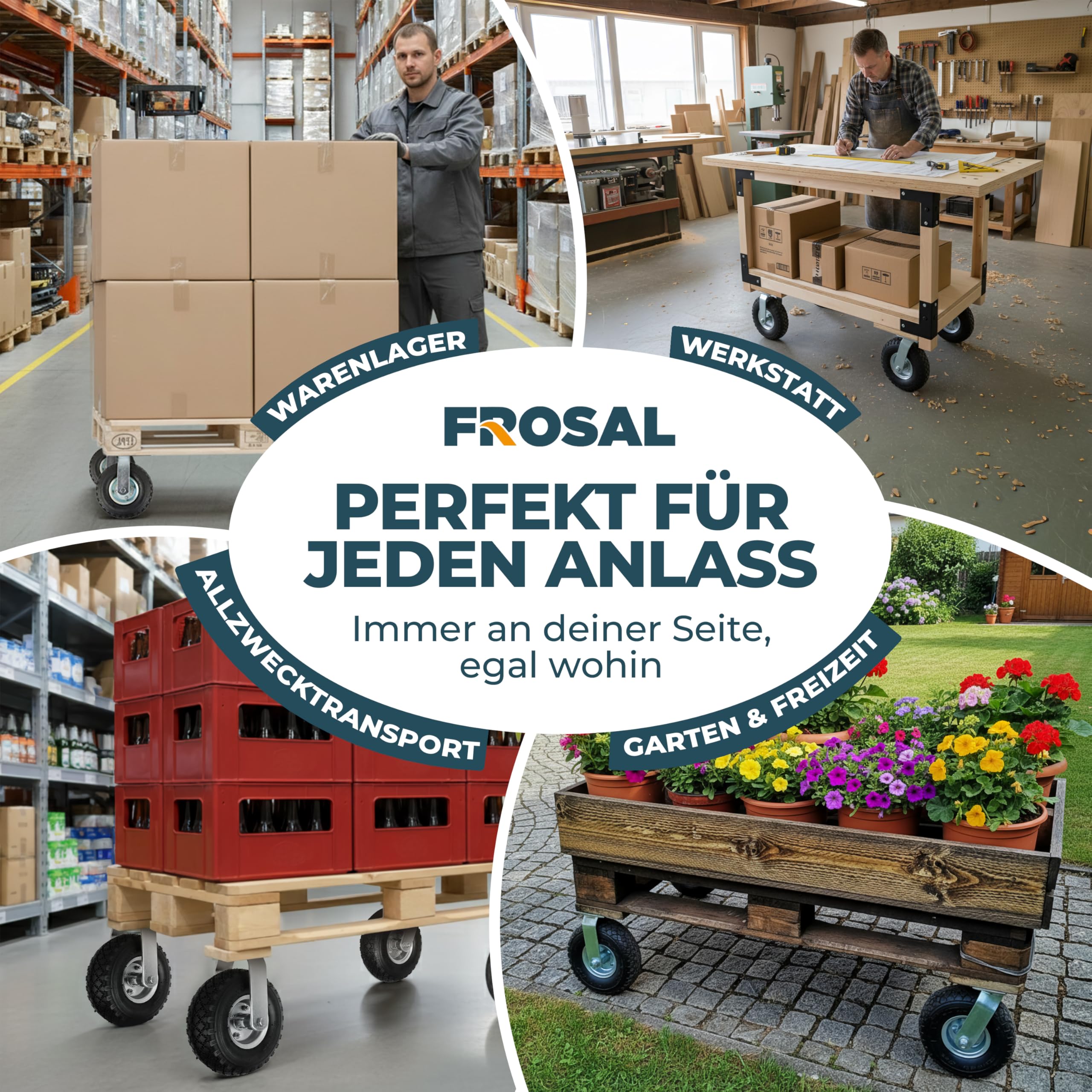 FROSAL Lenk- und Bockrollen Set – 2 Lenkrollen + 2 Bockrollen – Luftreifen 260 mm 3.00-4 Ø ca. 260×85 mm – Stahlfelge silber Ø120 mm – Grundplatte 114,5×99,5 mm – Tragkraft 120 kg – für Bollerwagen