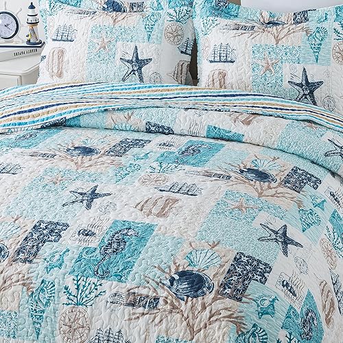 Vista 52 de NEWLAKE Juego de colcha de algodón, juego de colcha reversible de retazos, estampado real clásico turquesa, tamaño Queen Turquesa Clásico