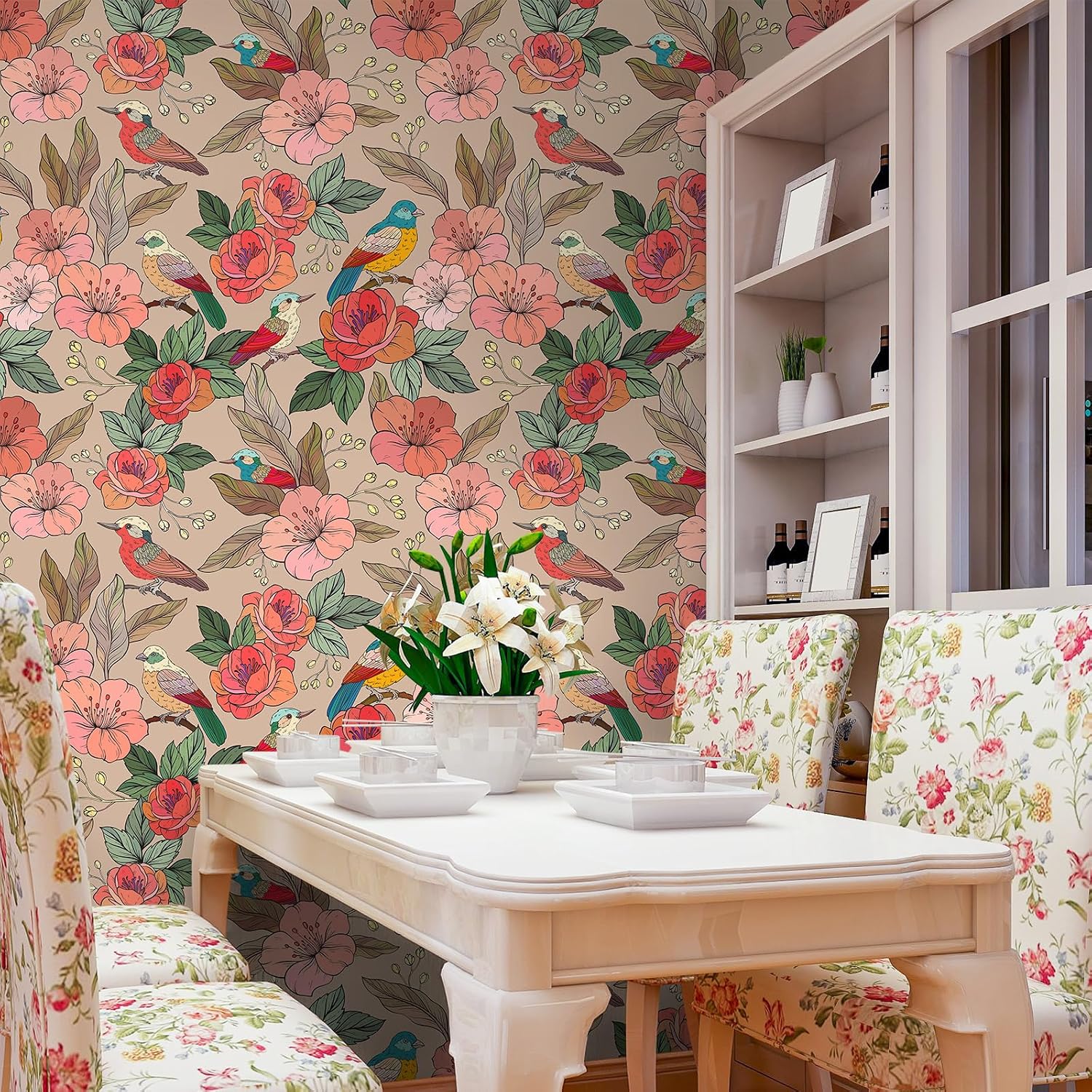 24"x118" Bird Floral Wallpaper Pink Flower Vintage Beige Peel and Stick Wallpaper Colorful Birds Decorative Floral Contact Paper for Cabinets Bedroom Living Room Removable Garden Wall Paper