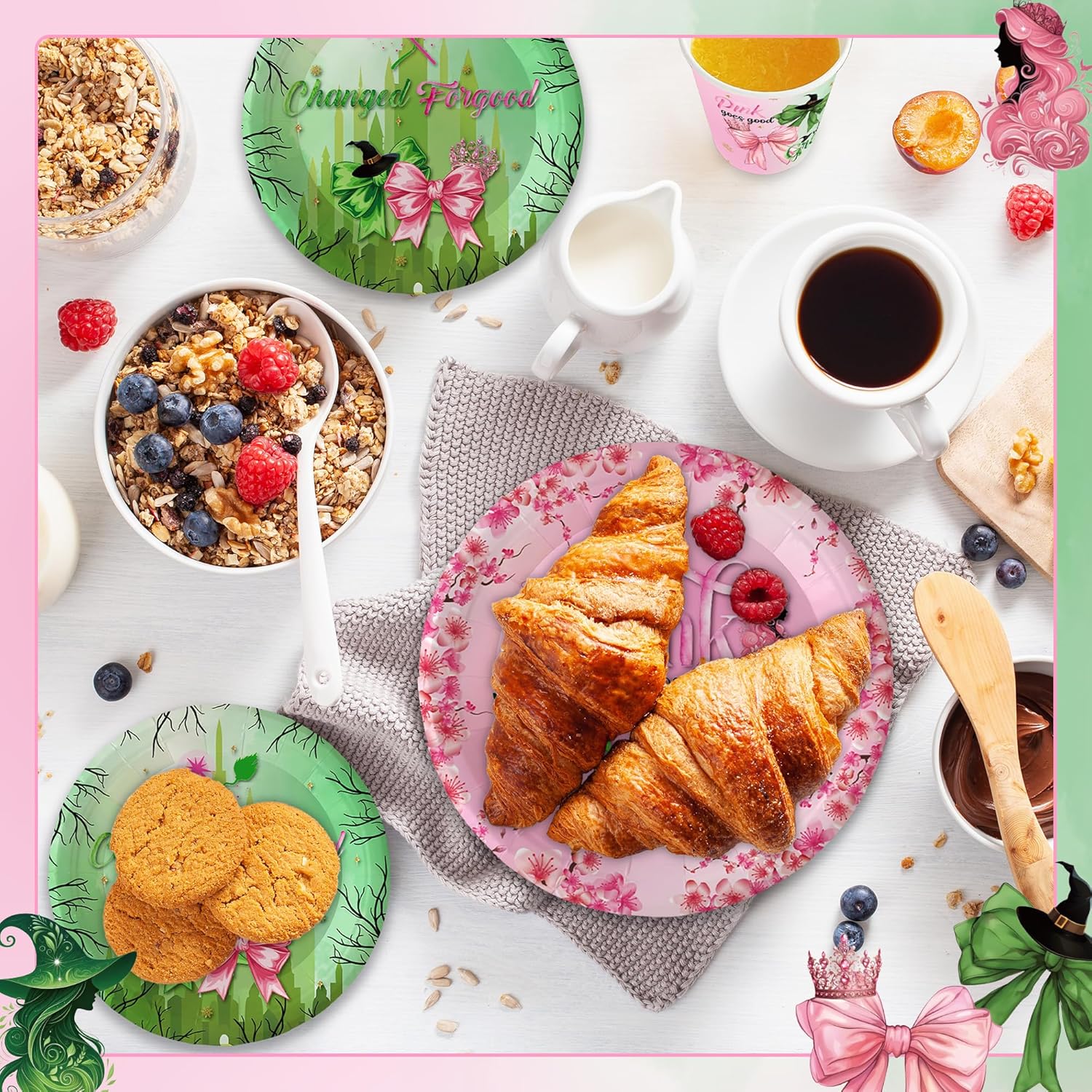 194Pcs Pink and Green Witch Party Decorations Tableware Set Include Pink Plates Green Plates Napkins and Tablecloth for Magical Themed Party Supplies - Image 5
