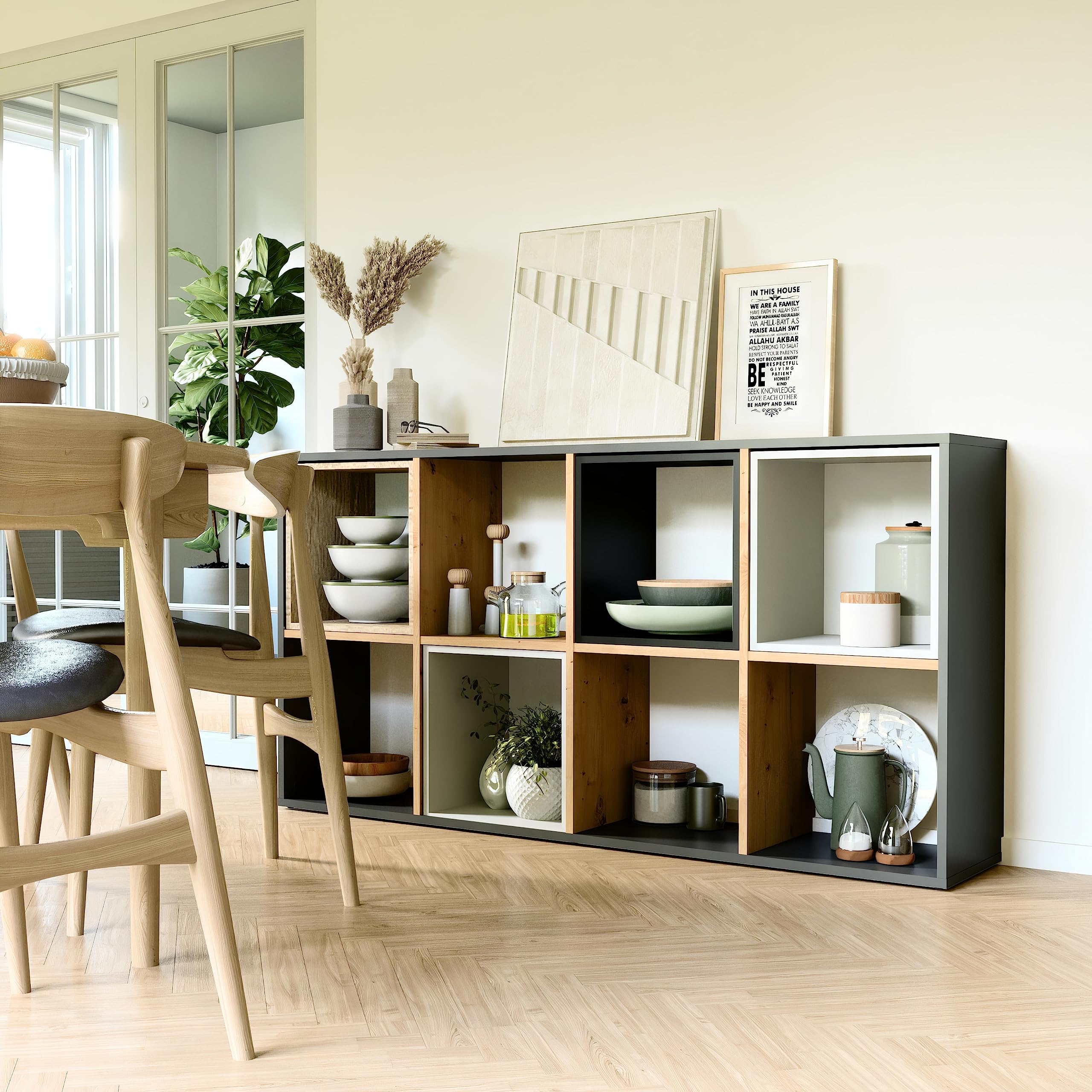 CDF Libreria a Cubi 8 Vani Scaffale a Giorno Orizzontale Mobile Divisorio Basso Soggiorno Studio Ufficio Organizzazione Casa Struttura Moderna Robusta 147 x 75 x 30 cm - Antracite/Rovere Artisan