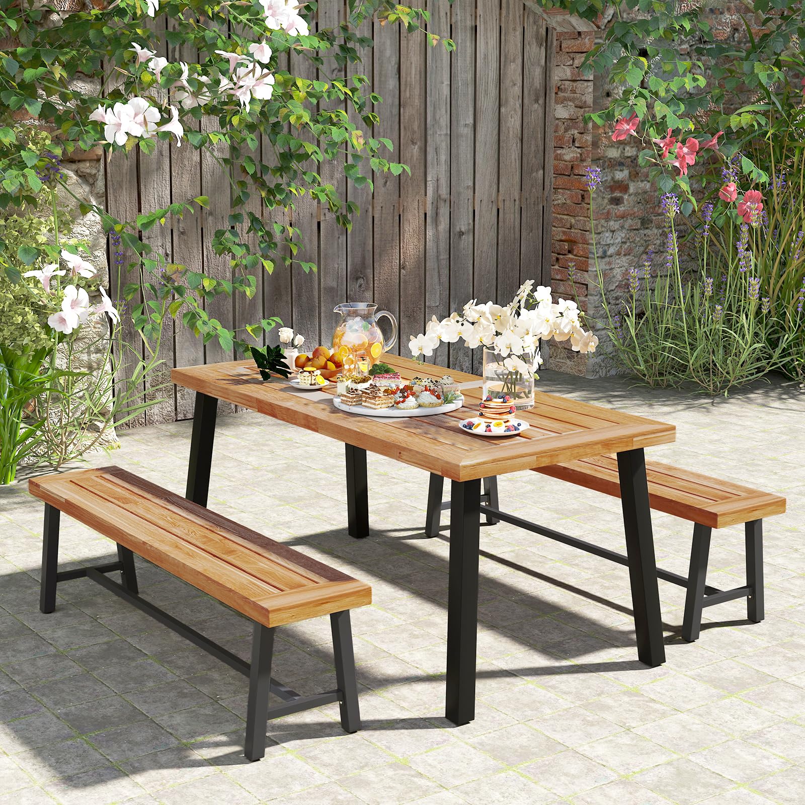 GOPLUS Banc de Terrasse de 160 cm, Banc de Salle à Manger Long en Bois d'Acacia, Siège d'Extérieur sans Dossier pour 3 Personnes, Capacité 360 KG, pour Porche, Cour, Jardin (160x32x45cm,2)
