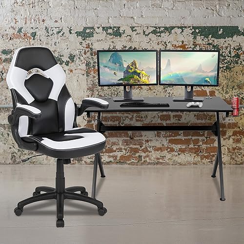 Miniatura 223 de Flash Furniture Juego de escritorio para juegos negro y silla de carreras blanco/negro con soporte para tazas, gancho para auriculares y soporte