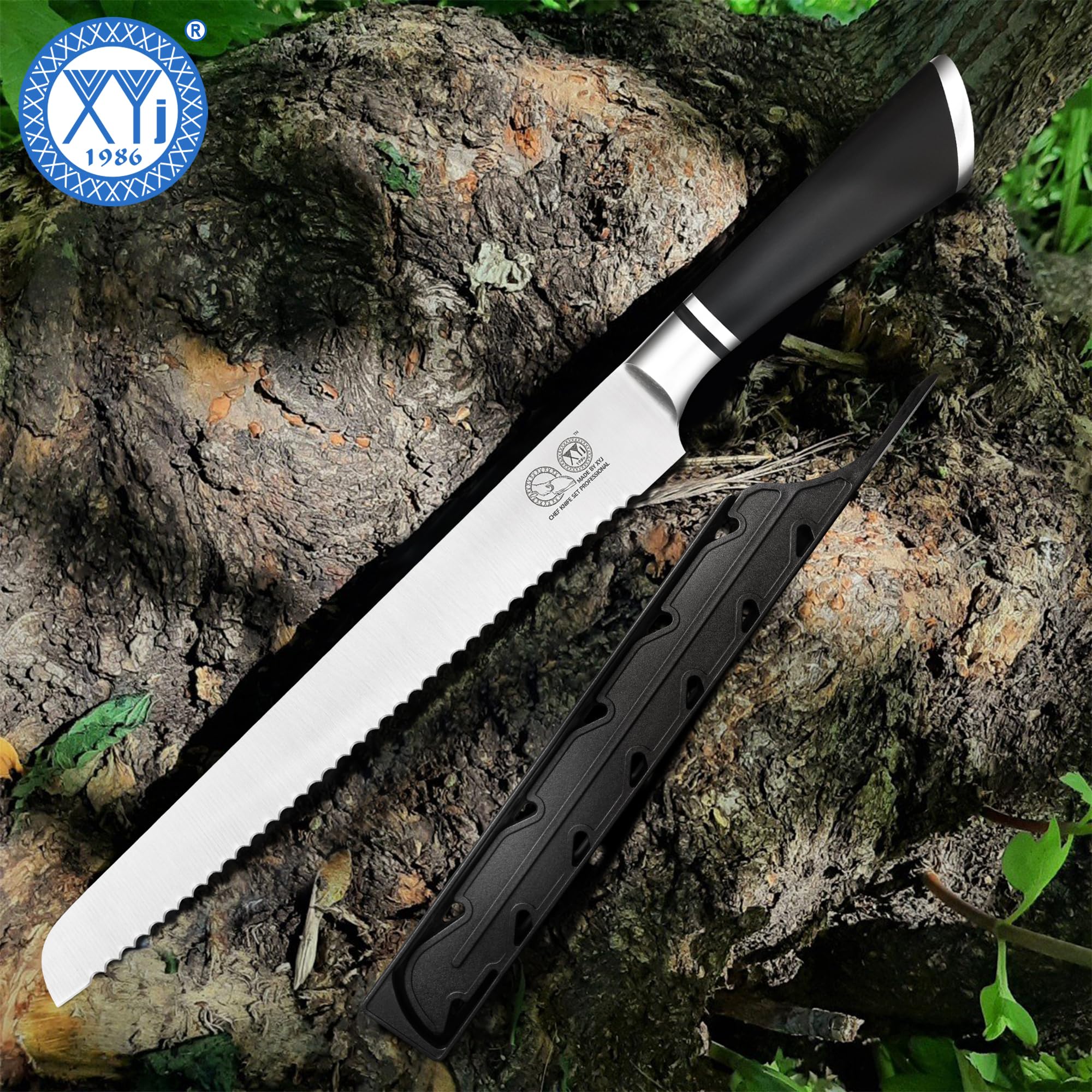 XYJ Authentic Since 1986, japoński nóż do chleba 10,5 cala, stal nierdzewna Serrated Blade Bread Cutting Knife with Cover, Serrated Cake Tool for Home Kitchen Camping