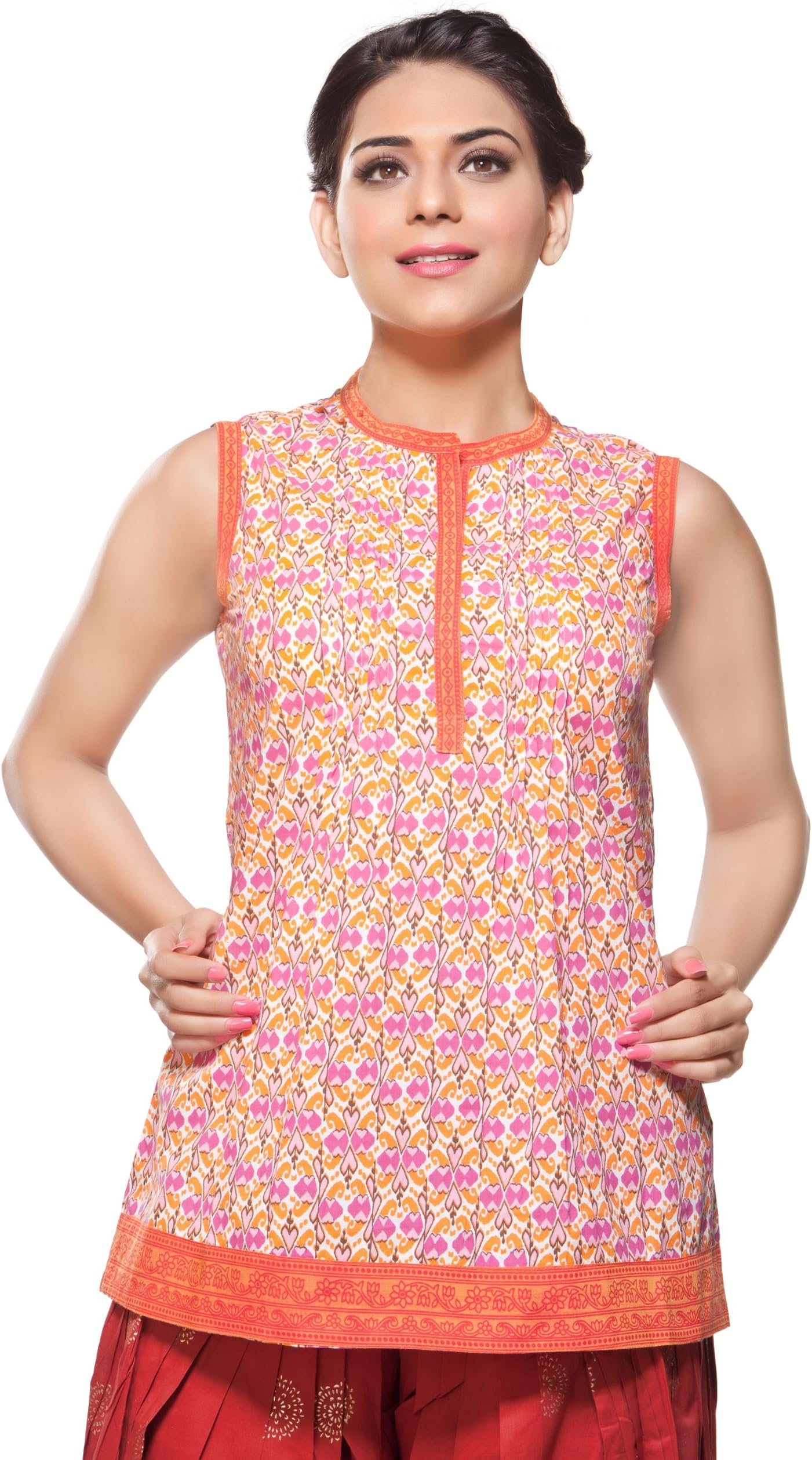 Akkriti Womens Indian Ethnic Kurta Tunic Printed with Contrast Borders Orange X-Small