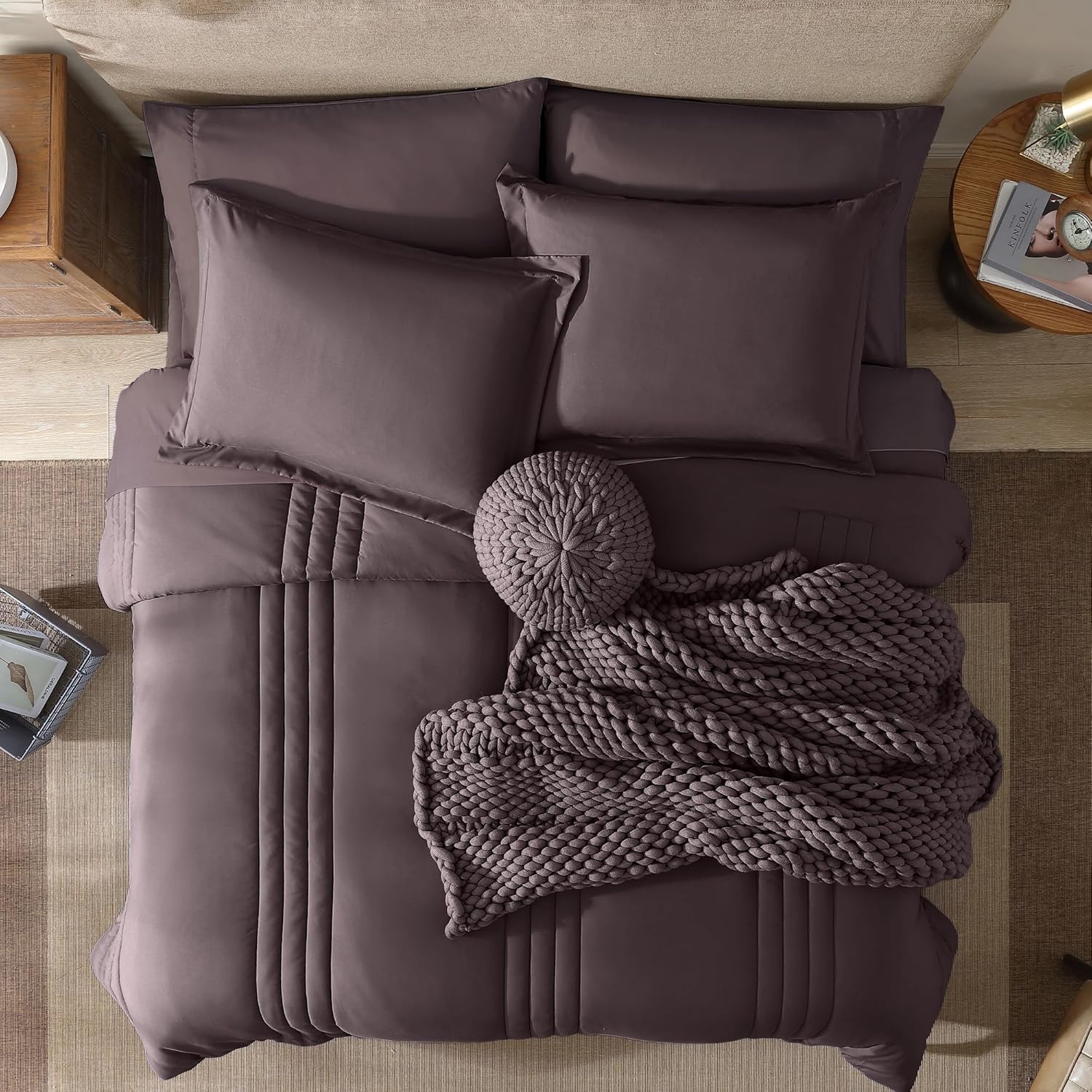 Monbix Full Size Comforter Sets - 7 Pieces Bed in a Bag Full, ltalian Plum Bedding Sets with Comforter, All Seasons Comforter Bed Set with Sheets, Pillowcases & Shams thumbnail
