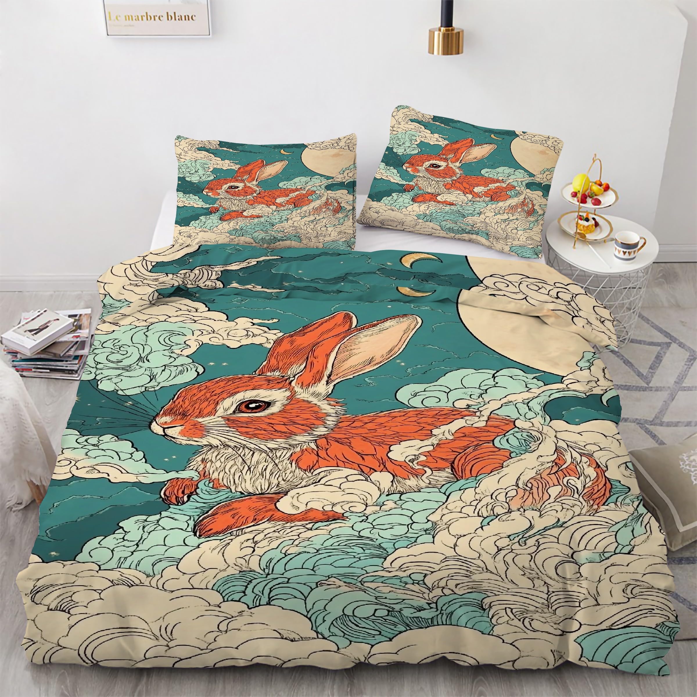 Housse de Couette 200x200 Lapin : Parure de Lit 3 Pièces Fête de la Mi-Automne