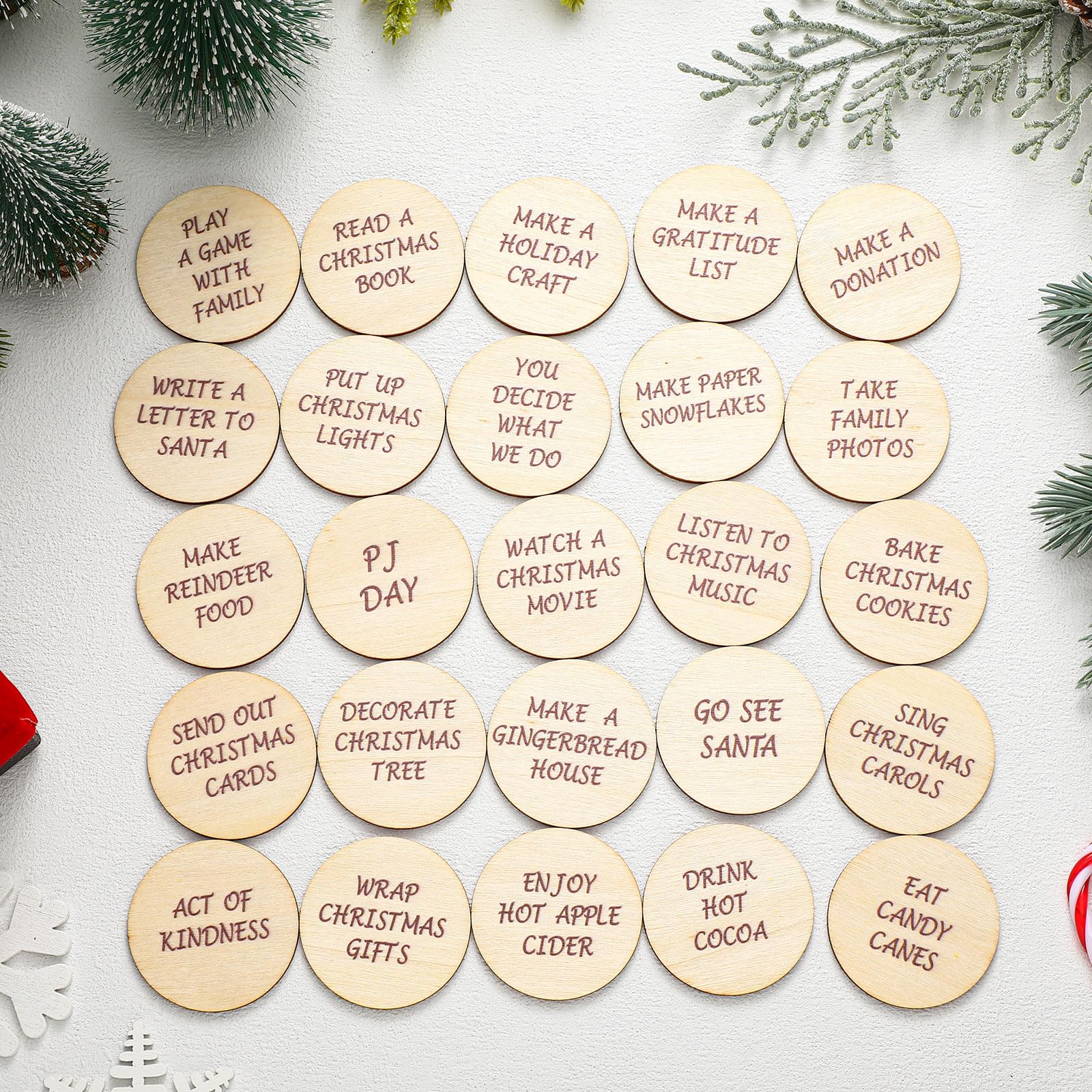 Threehoney 25 Pcs Christmas Countdown Tokens Set Wooden Xmas Advent Tokens Advent Calendar Fillers Cute Decorative Countdown to Christmas Coins for