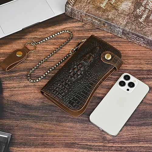 Miniatura 3 de Genuino caballo loco cuero viaje regalo moneda bolsillo tarjeta caso largo organizador cadena Rfid monedero con broche para hombres hombres 1088