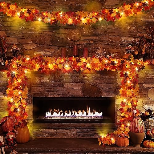 Fovths Paquete de 4 guirnaldas de hojas de arce de otoño con luz LED de 5.7 pies, guirnalda de arce artificial de otoño con gancho para colgar para