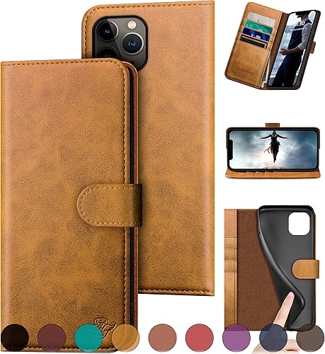 Funda tipo cartera de piel auténtica para iPhone 11 Pro con bloqueo RFID, 4 tarjeteros de crédito. Cuero auténtico. Funda protectora para teléfono