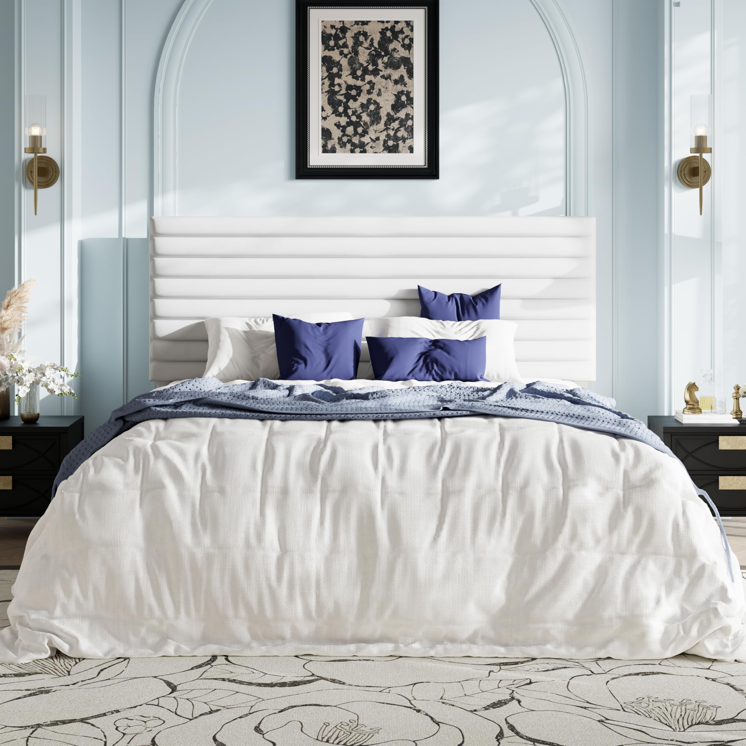 Allewie King Bed Frame, Velvet Upholstered Platform Bed with Adjustable Headboard, Horizontal Channel Design, Wood Slat Support, No Box Spring Needed,