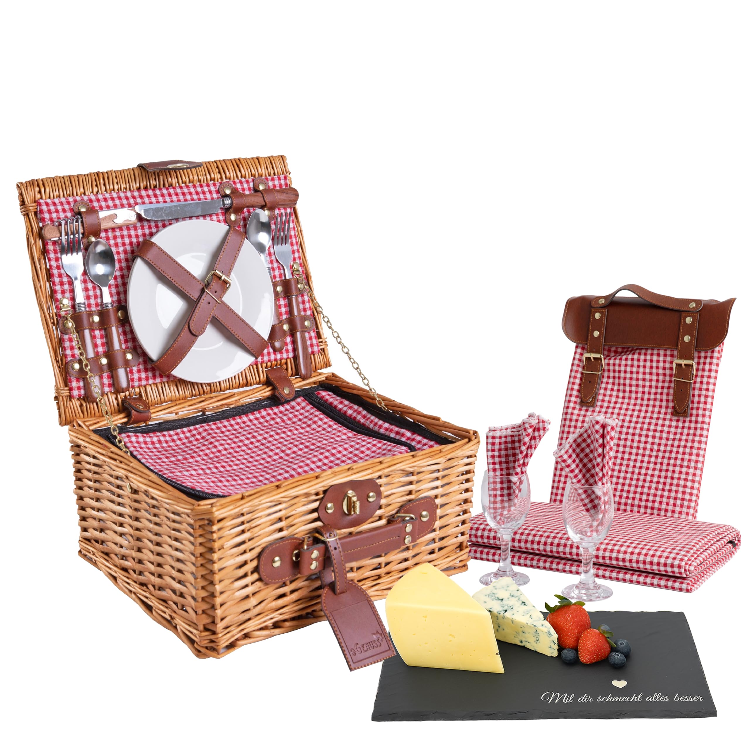 Cesta de Picnic Personalizada para 2 Personas, Cesta de Mimbre con Compartimento térmico, Manta, Tabla de Pizarra, Bolsa, servilletas – Cerámica, Vidrio, Acero INOX | Rojo