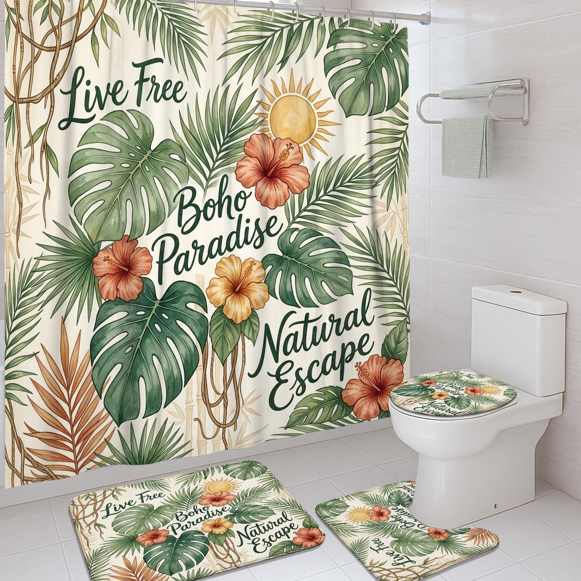 Rideau de douche en tissu motif hibiscus et soleil bohème avec œillets renforcés et crochets