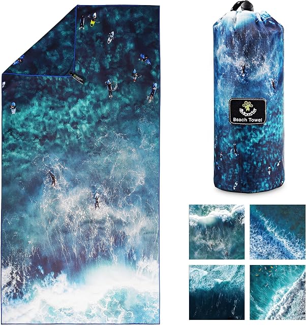 4Monster Beach Towel with carry bag Sand Proof Beach Towel Oversized Quick Dry Beach Towel for Adults Hiking Yoga Gym Sports Swimming Camping Fitness Bath Holiday (Ocean-C, S: (80x160 cm))