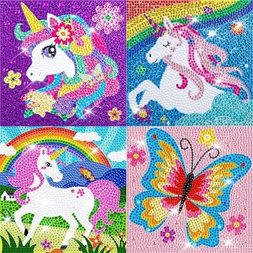 QEUOYSS 5D Diamond Art Kits for Kids Beginners Easy Kits Arts and Crafts for Kids Ages 8-12 Diamond Art Craft Set for Home Wall Decor 4 Pack f