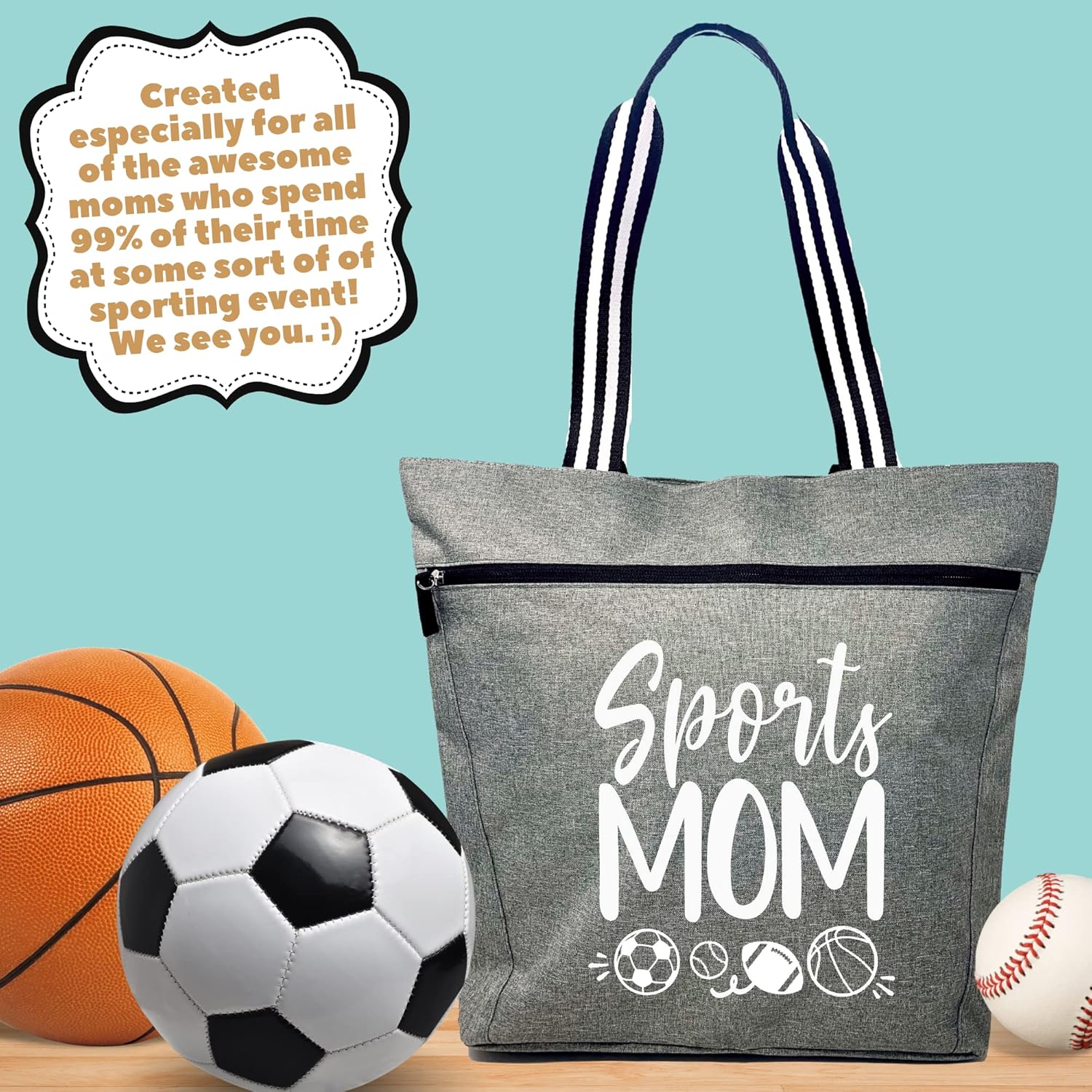Brooke & Jess Designs Sports Mom Large Zippered Tote Bag with Pockets for Women