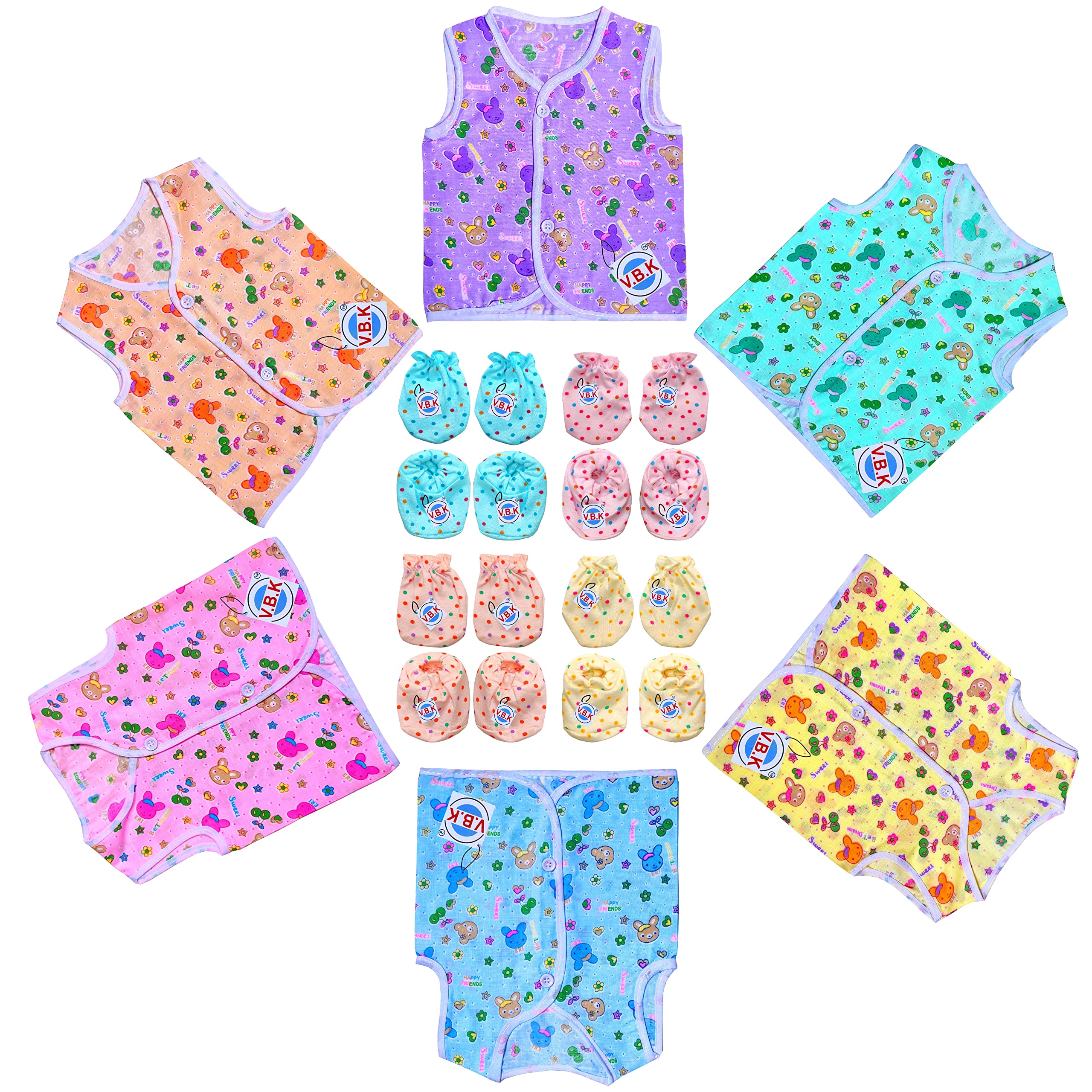 V.B.K® Baby Boys and Baby Girls Clothing Set Combo With Jabla (Sleeveless) (6 Pcs), Hand Mittens (Gloves) (4 Pair) and Leg Booties (Socks) (4 Pair), Pure Cotton and Hosiery Soft Fabric.-image-30