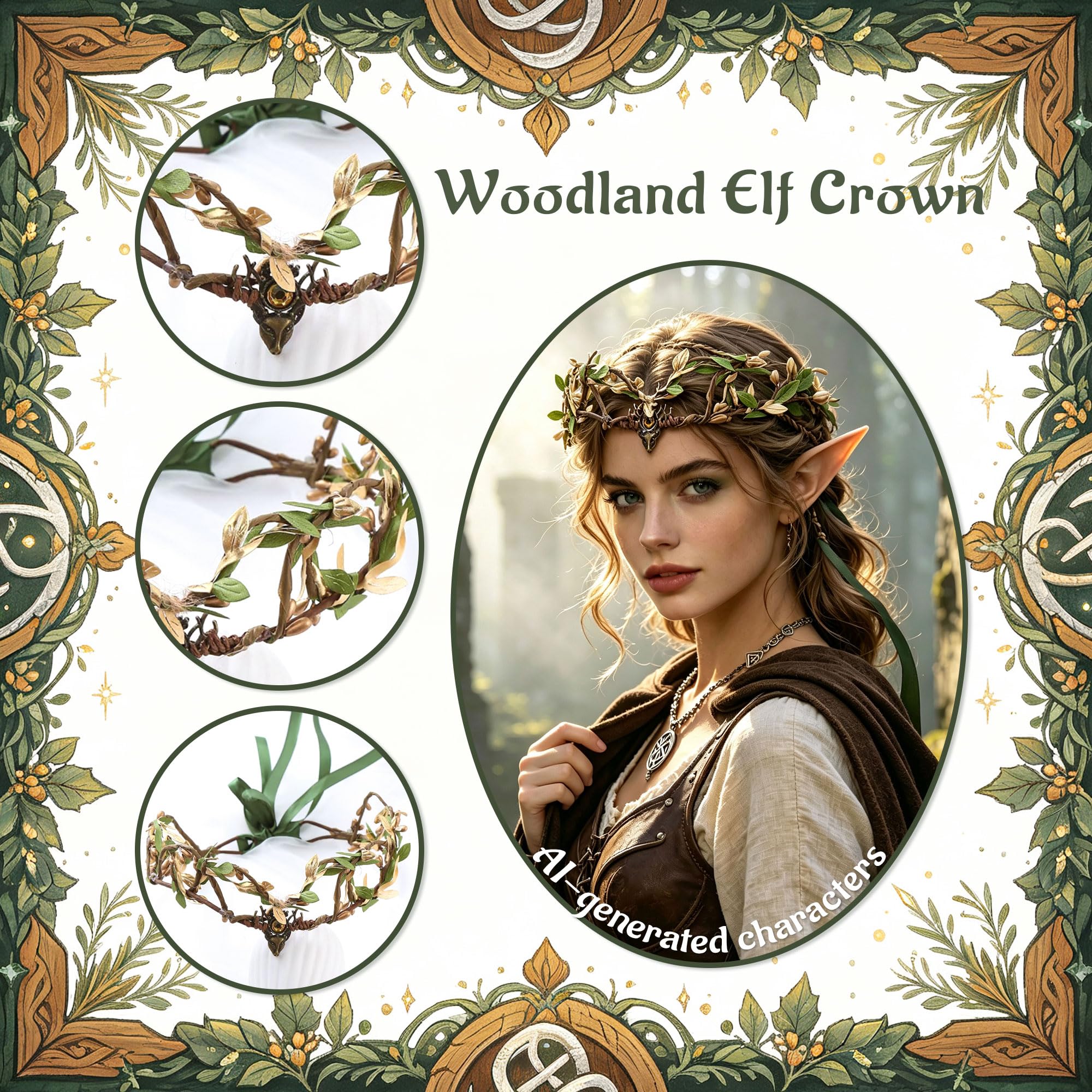 LaVenty Woodland Elf Crown Fairy Costume Medieval Viking Fairy Headpiece, Gray - Image 3