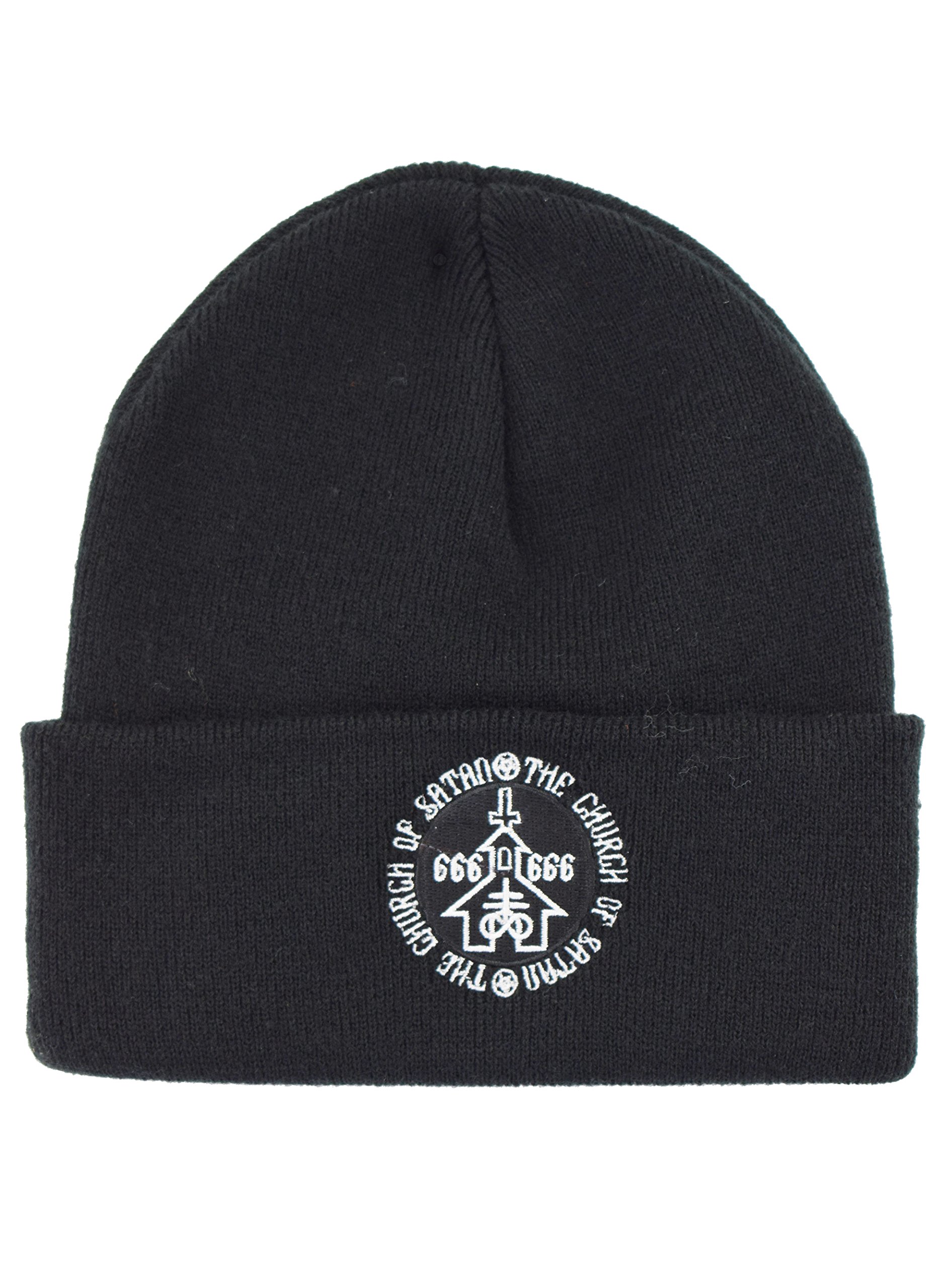 Nostalgic Clothing Church of Satan 666 Embroidered Occult Slogan Knitted Beanie Hat Black