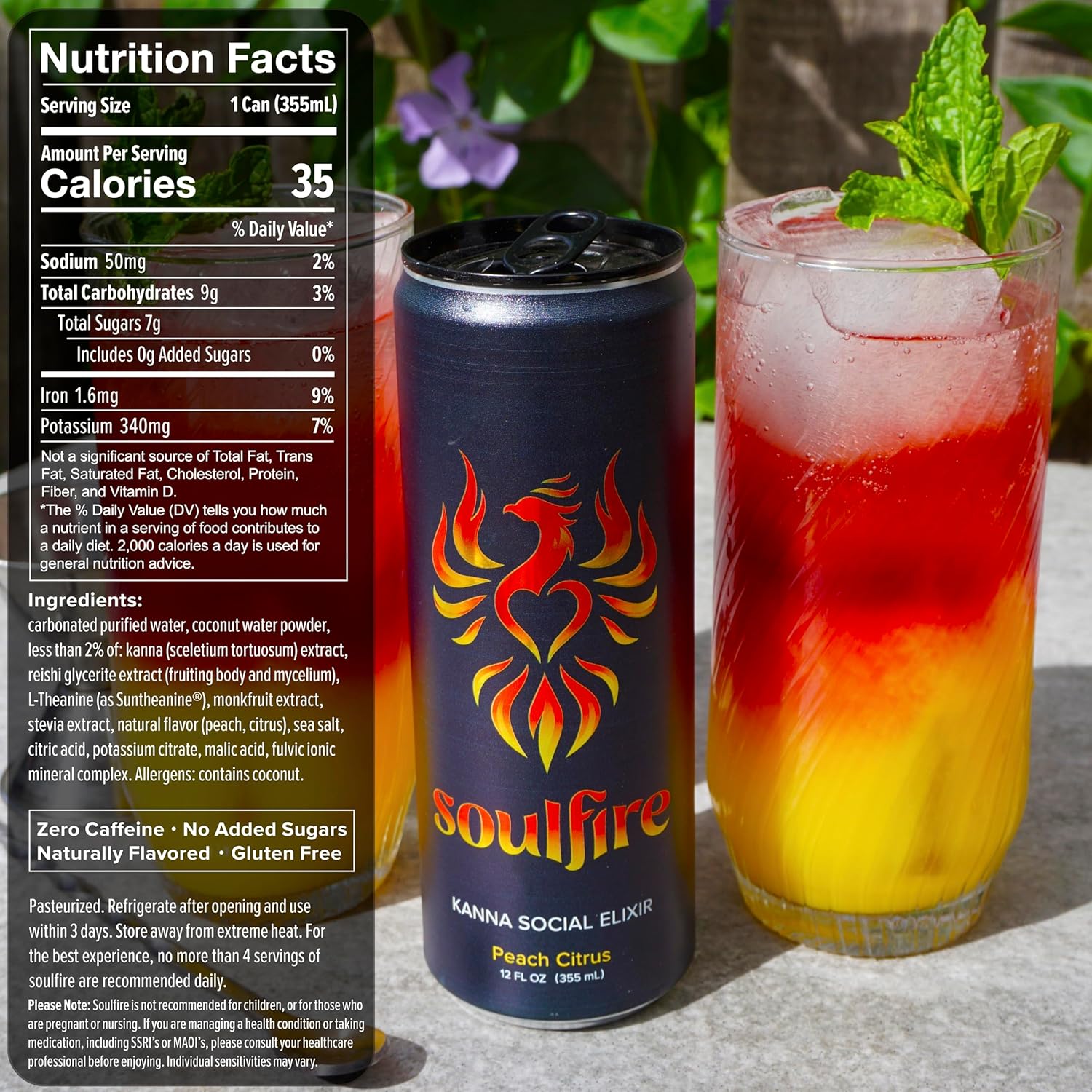 Soulfire 12oz 4pk Kanna Social Elixir | Non-Alcoholic Sparkling Beverage | Adaptogen Nootropic Kanna Extract Drink w/ Reishi, L-Theanine, Coconut Water & Electrolytes | Clean Functional Healthy Natural Seltzer