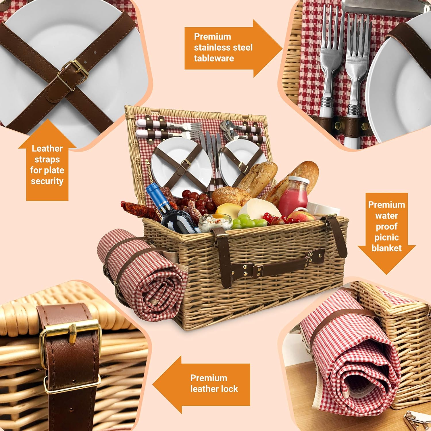 A'BA Picnic Basket Set – for 4 Persons - Large, Insulated Wicker/Hamper Kit - Perfect w/ Kids Includes Waterproof Blanket, Cutlery, Plates, Salt & Pepper Shaker, Bottle Opener: Kitchen & Dining