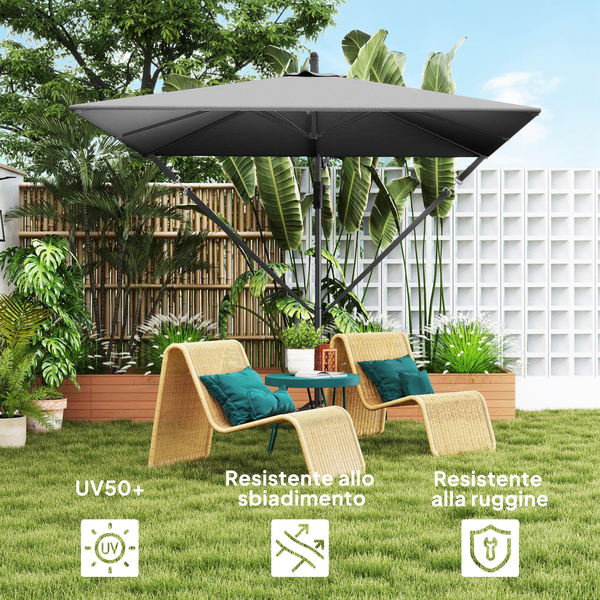 Outsunny Ombrellone Decentrato 2.5x2.5 m con Copertura, Corde Antivento, Base a Croce e Manovella, Ombrellone da Giardino Inclinabile e Girevole a 360° in Metallo e Poliestere 180 g/㎡, UV50+, Grigio