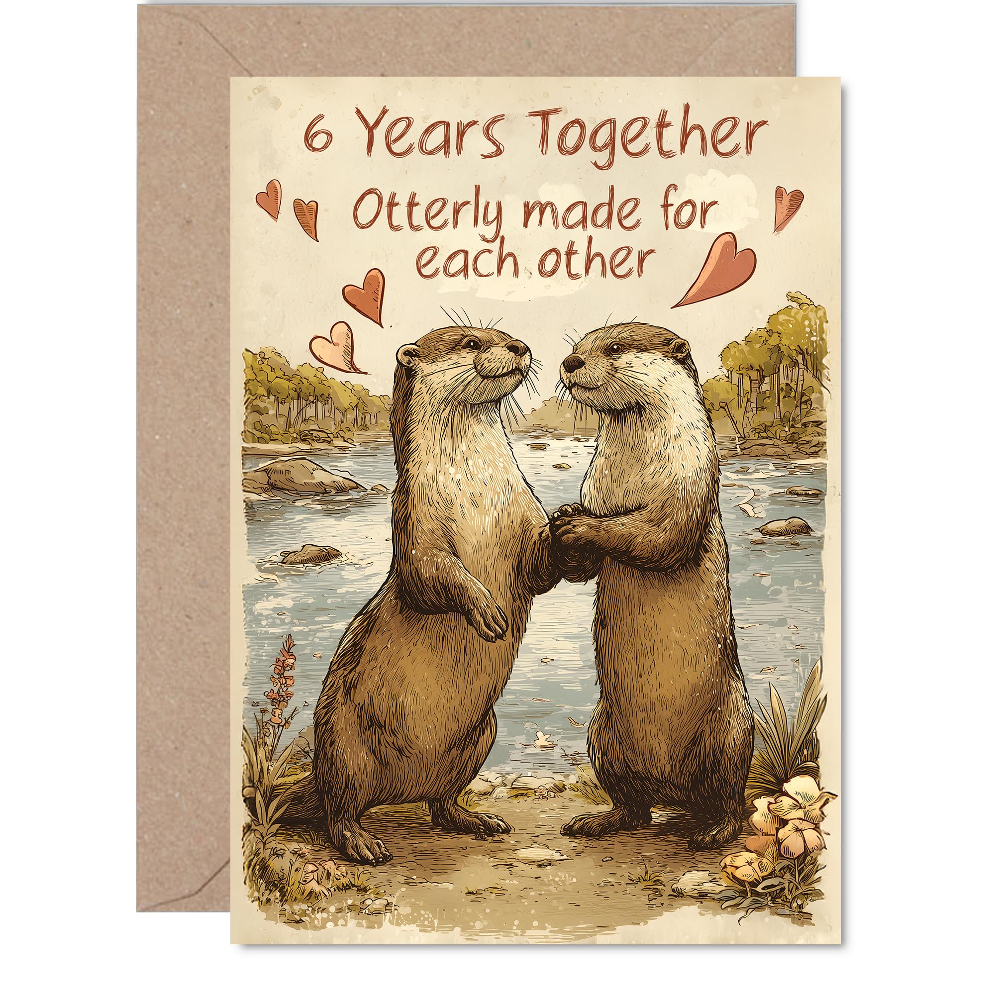 6th Anniversary Card for Women Men - Rustic Style Cute Otters - Happy 6 Year Anniversary Card for Partner Companion Girlfriend Boyfriend, A5 Wedding Anniversaries Greeting Cards