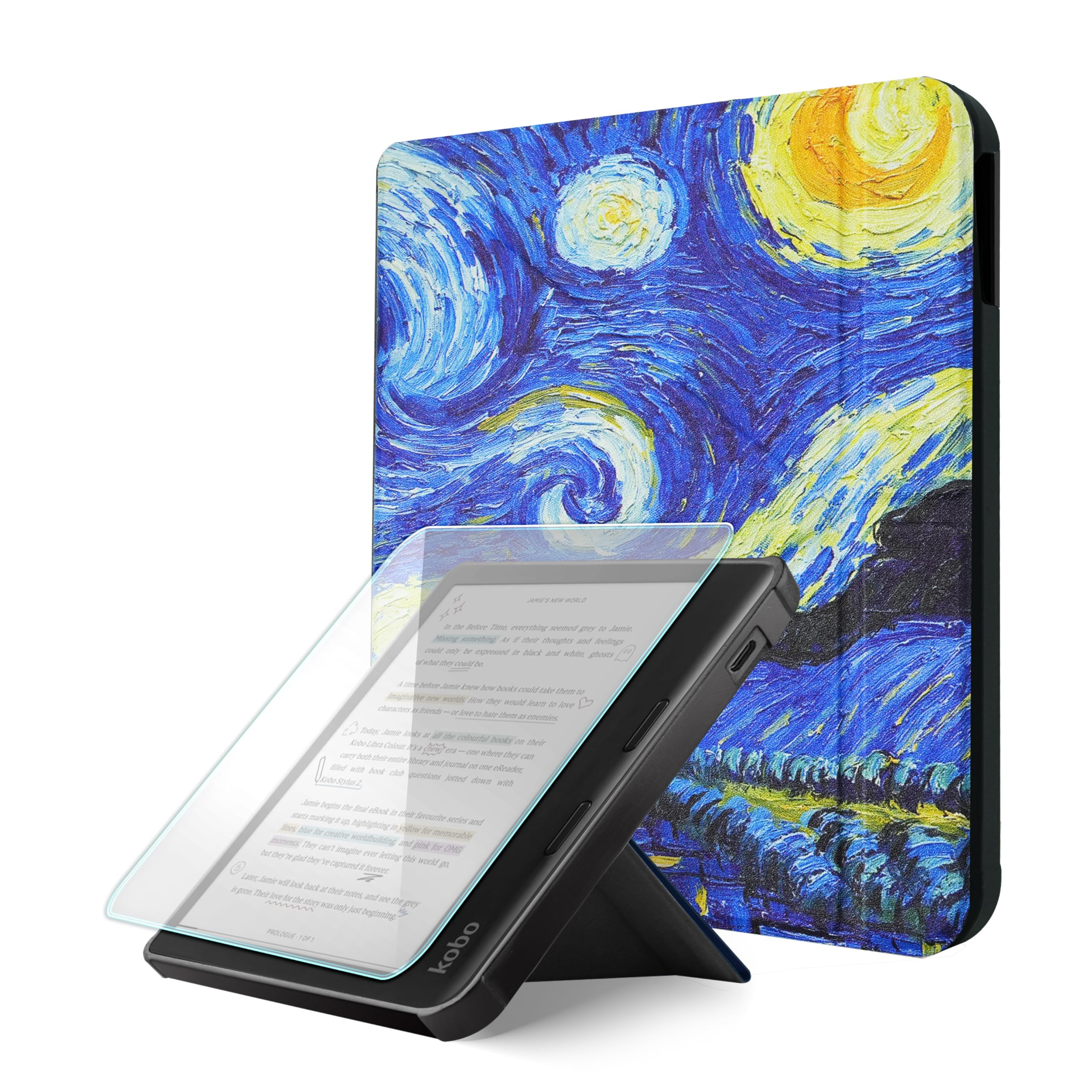 Case For Kobo Libra Colour/Kobo Libra 2, Includes a Case & Screen Protector - 7" Origami Cover Fit for Kobo Libra (Model N418/N428) with Auto Sleep/Wake(Starry Night, 7 icnh)