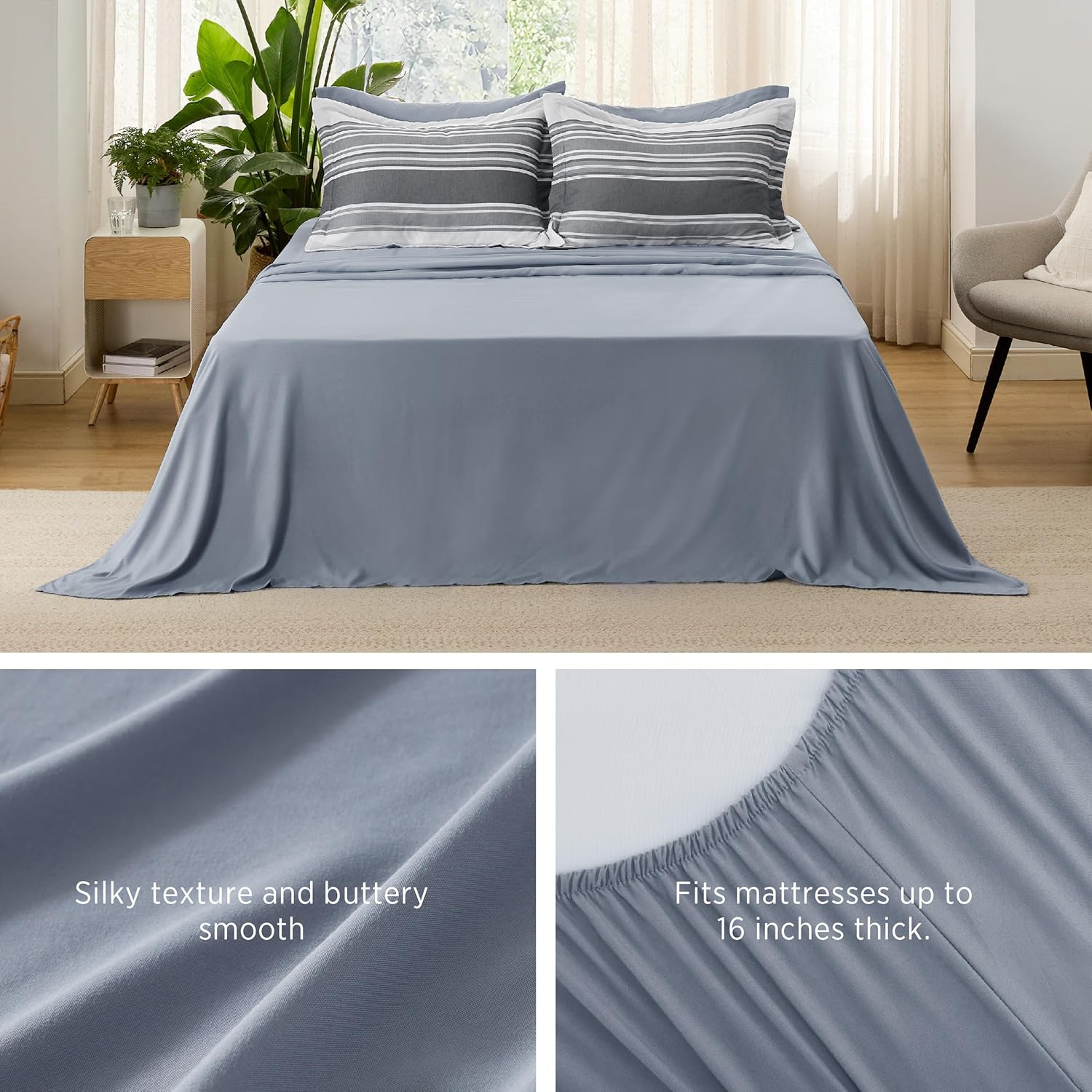 Bedsure Queen Comforter Set 7 Pieces, Dark Grey Striped Bedding Set for All Seasons, Reversible, Cationic Dyeing Bed in a Bag with Comforter, Sheets, Pillowcases & Shams 21 - Dark Grey Queen image 4 of 8 B0C58MFS4L