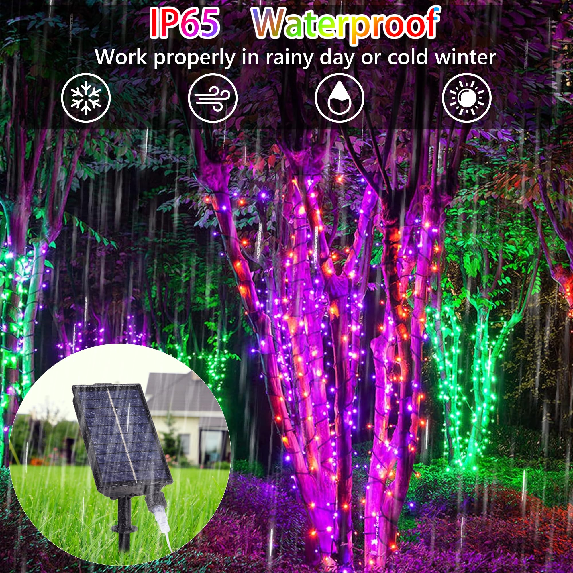 Solar-Lichterkette für den Außenbereich, wasserdicht, 12 m, 18 Farben wechselnd, 100 LEDs, solarbetrieben und USB mit Fernbedienung, RGB-Lichterkette für den Außenbereich, Baumzaun, Party