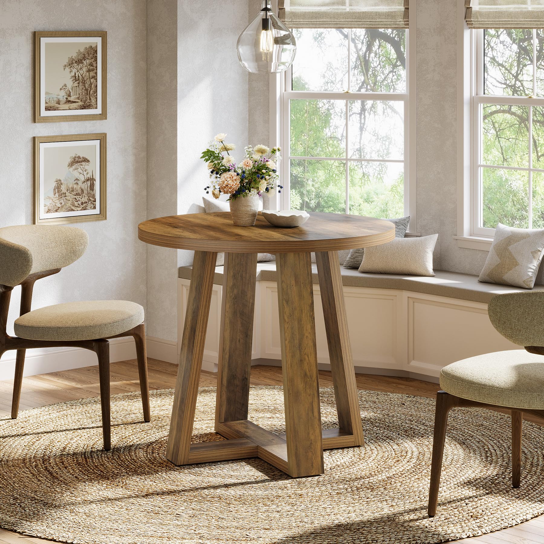 Tribesigns Runder Esstisch für 2-4 Personen, 80 cm Küchentisch für Kleine Räume, Wohnzimmer, Küche, Apartment, Landhaus-Stil, Rustikal Braun