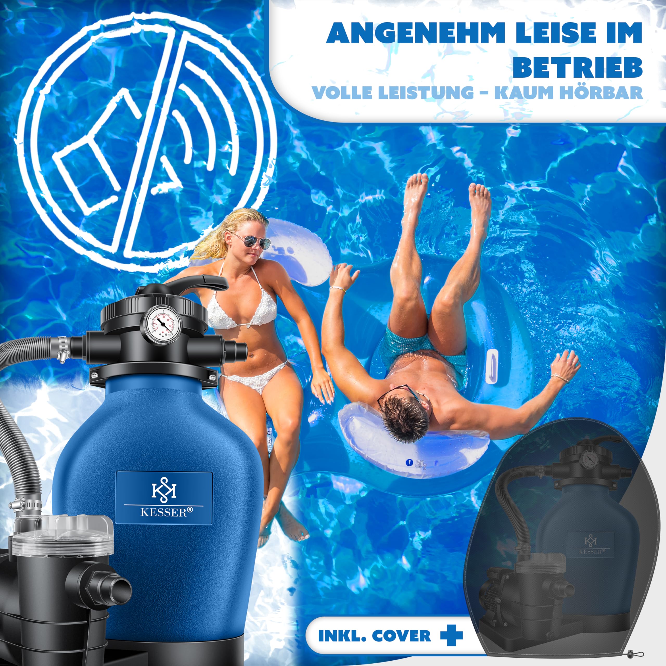 KESSER® Sandfilteranlage mit Pumpe & 1200g Filterbälle | Poolfilter 600W | Sandfilter für Pool 13200L/h Durchfluss | Tankvolumen bis 30kg Sand | 7-Wege Ventil mit Druckmanometer, Abdeckung & Zubehör
