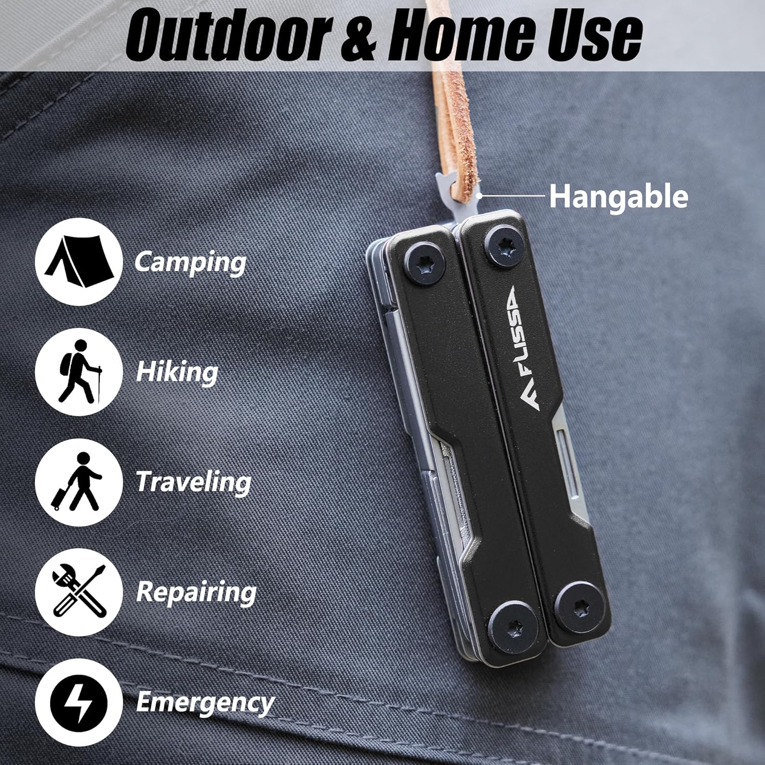 FLISSA 11-in-1 Multitool Scissors with Knife, Foldable Mini Multitool, Stainless Steel Scissors with Aluminum Handles, Spring - EDC for Camping, Hiking, Fishing, Emergency, Black